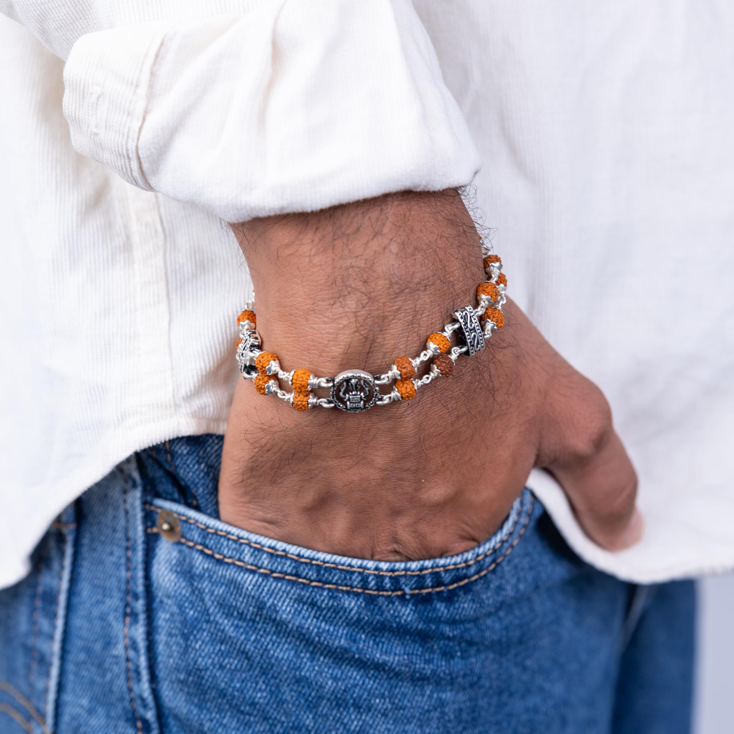 Hem Jewels Pure Silver Rudraksha Rakhi For Brother | Silver Bracelet For Boys And Men | Silver Bracelet Rakhi | Silver Rakhi For Brother | Design Trishul Aura (Hjrkh-96)