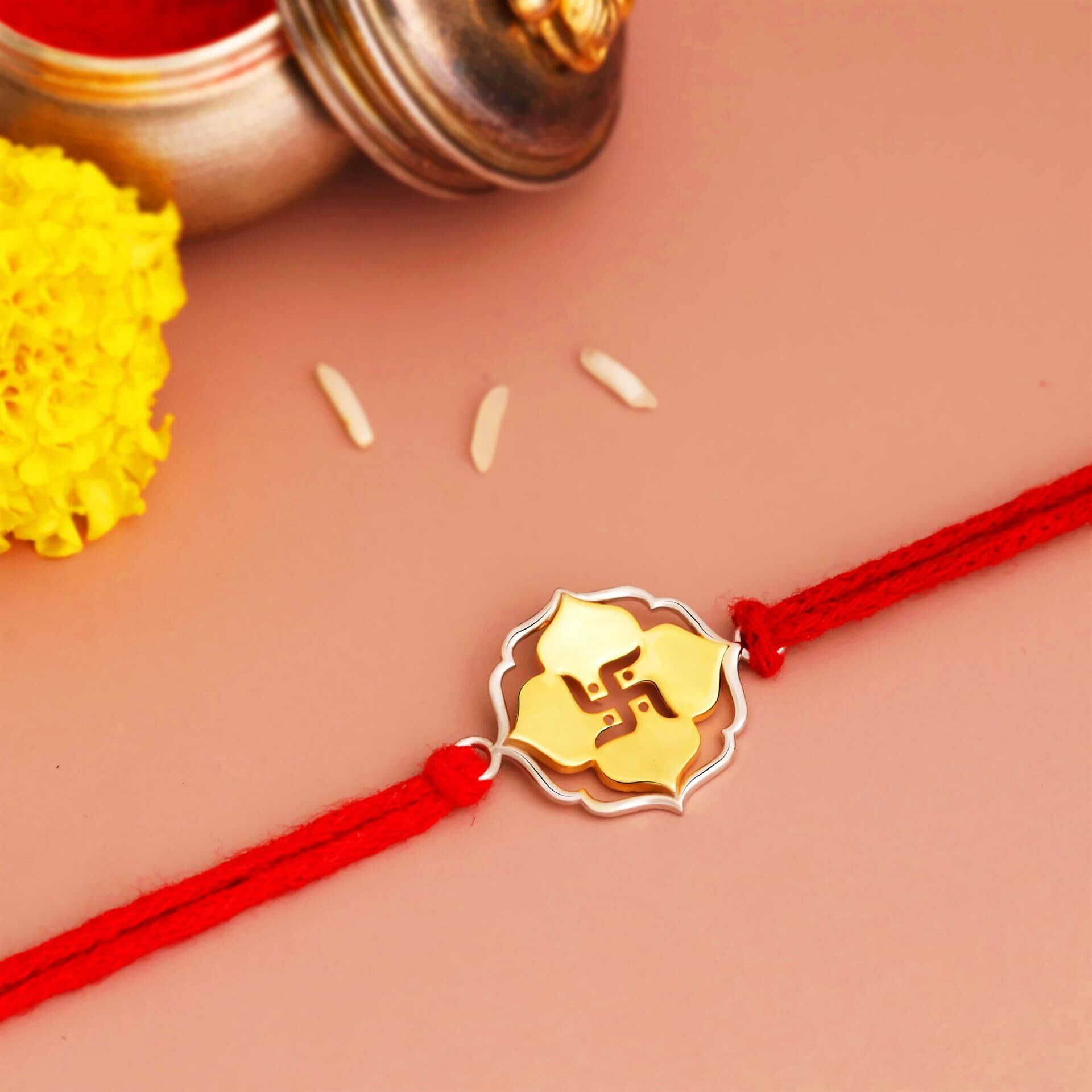 Kuberbox 925 Sterling Silver Blossom Swastik Silver Rakhi For Brother