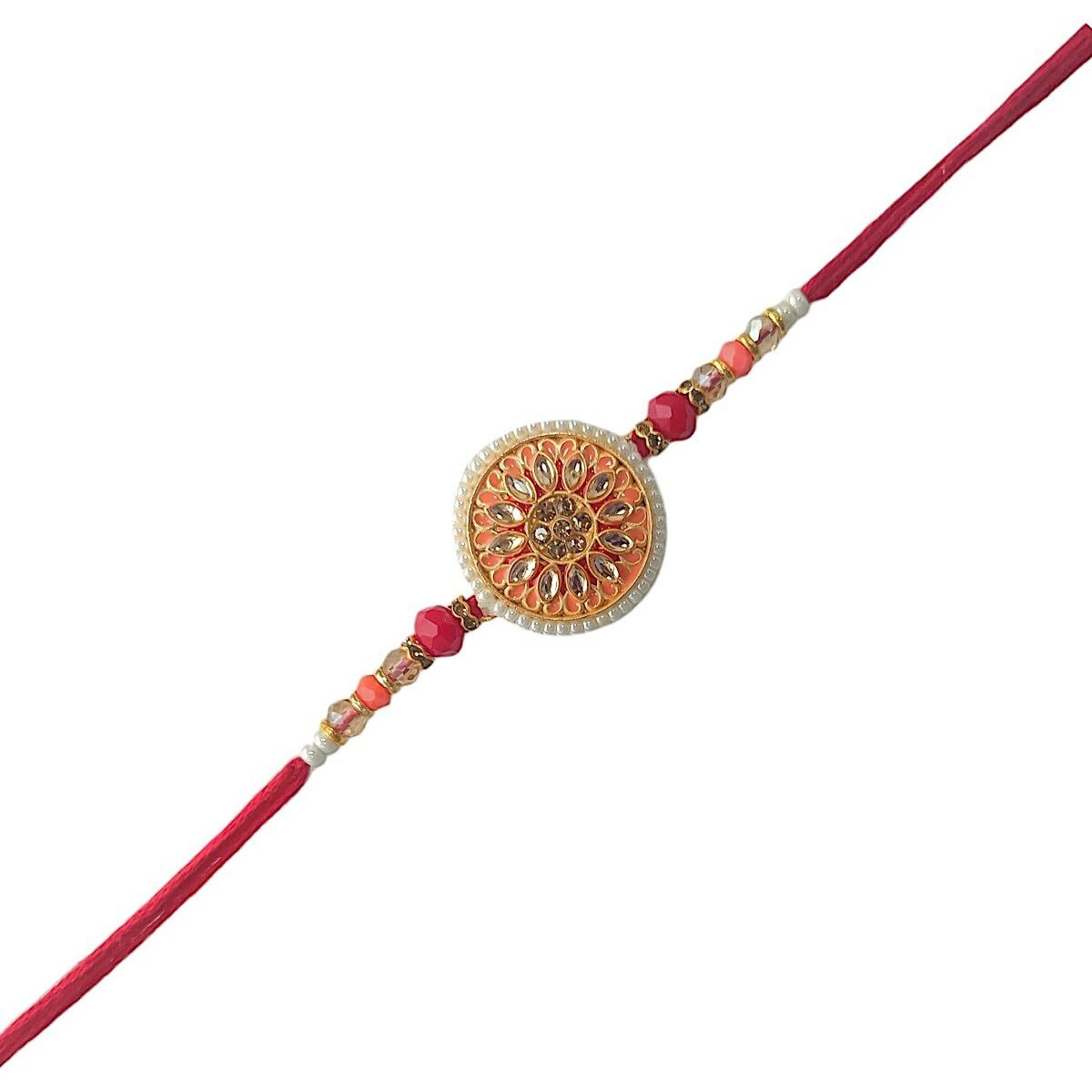 Accessher Traditional Meenakari & Semi Precious Stones Studded Statement Rakhi For Beloved Brother/Gifting With Roli Kumkum Packets & Happy Rakshabandhan Card