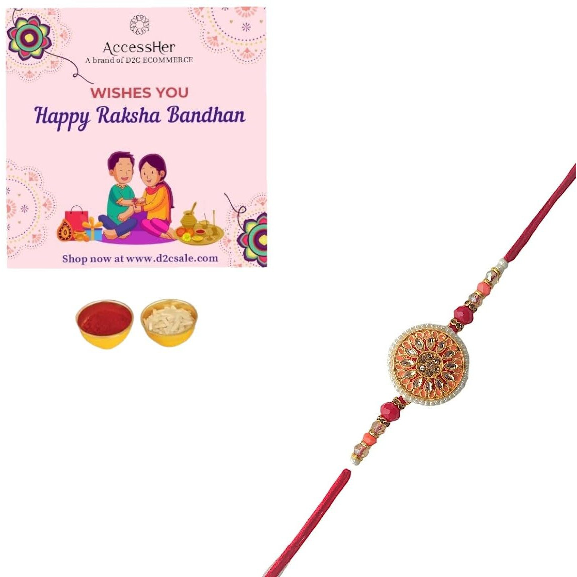 Accessher Traditional Meenakari & Semi Precious Stones Studded Statement Rakhi For Beloved Brother/Gifting With Roli Kumkum Packets & Happy Rakshabandhan Card