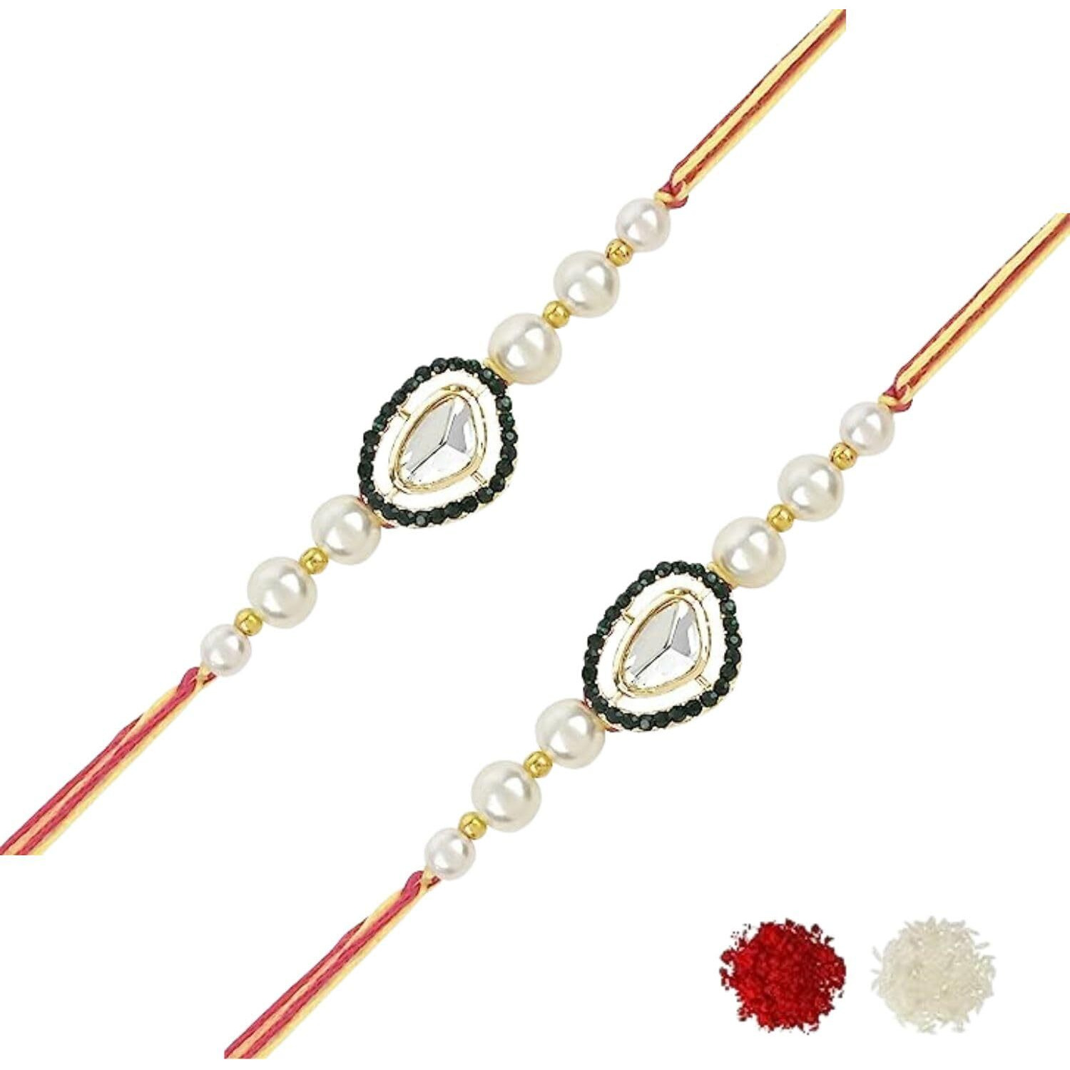 I Jewels Mens Pearl & Kundan Designer Bhaiya Rakhi With Roli Chawal & Rakshabandhan Card For Brother/Bro/Bhai (R097G-2)