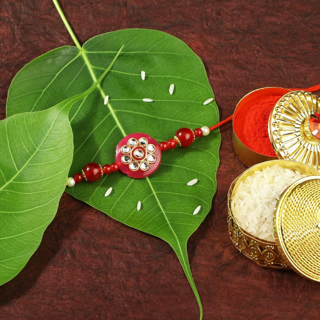 I Jewels Pearl & Kundan Designer Bhaiya Rakhi With Roli Chawal For Brother/Bro/Men With Rakshabandhan Card (R728Co)