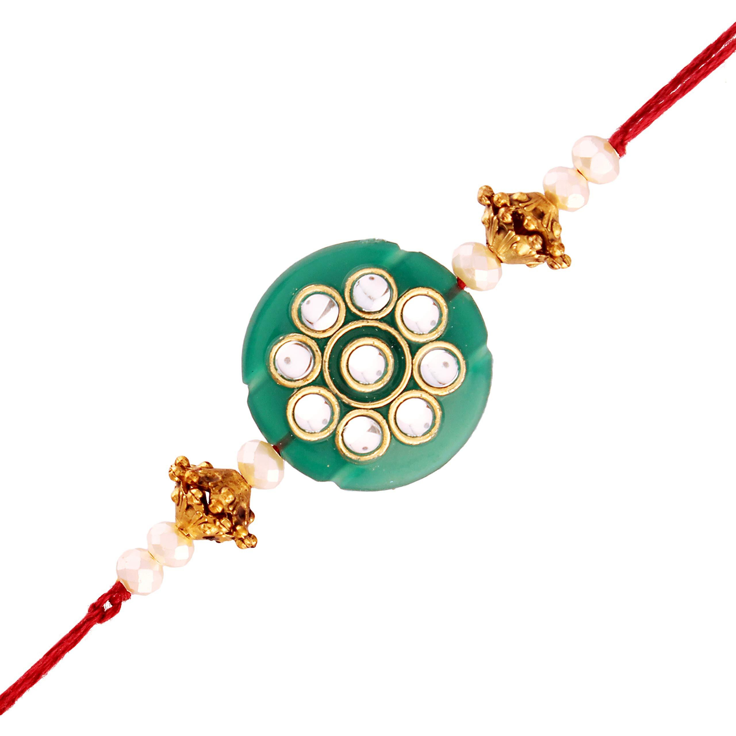 I Jewels Pearl & Kundan Designer Bhaiya Rakhi With Roli Chawal For Brother/Bro/Men With Rakshabandhan Card (R728Co)
