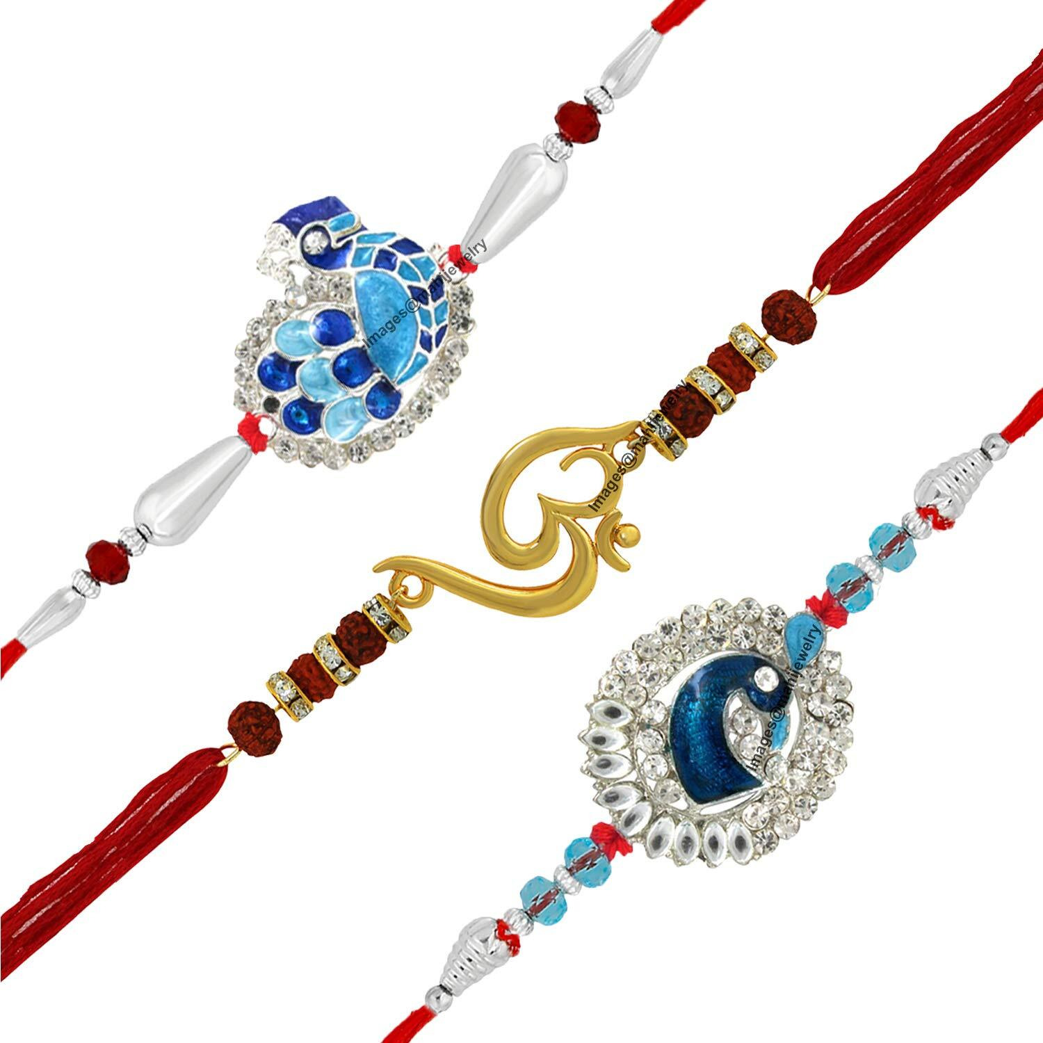 Mahi Combo Of Om And Peacock Rakhis With Crystals And Rudraksha For Adorable Brothers Rco1105126M