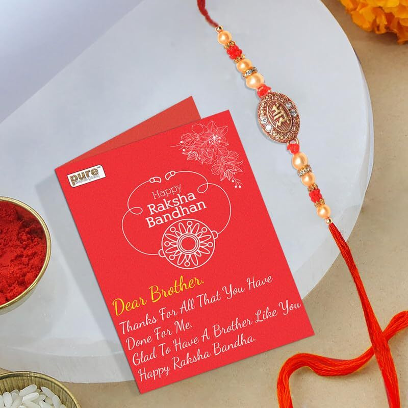 Pure Source India Raksha Bandhan Designer Rakhi With Greeting Crad, Roli And Chawal Set For Brother,Bhaiya (Bhai-One Pcs)