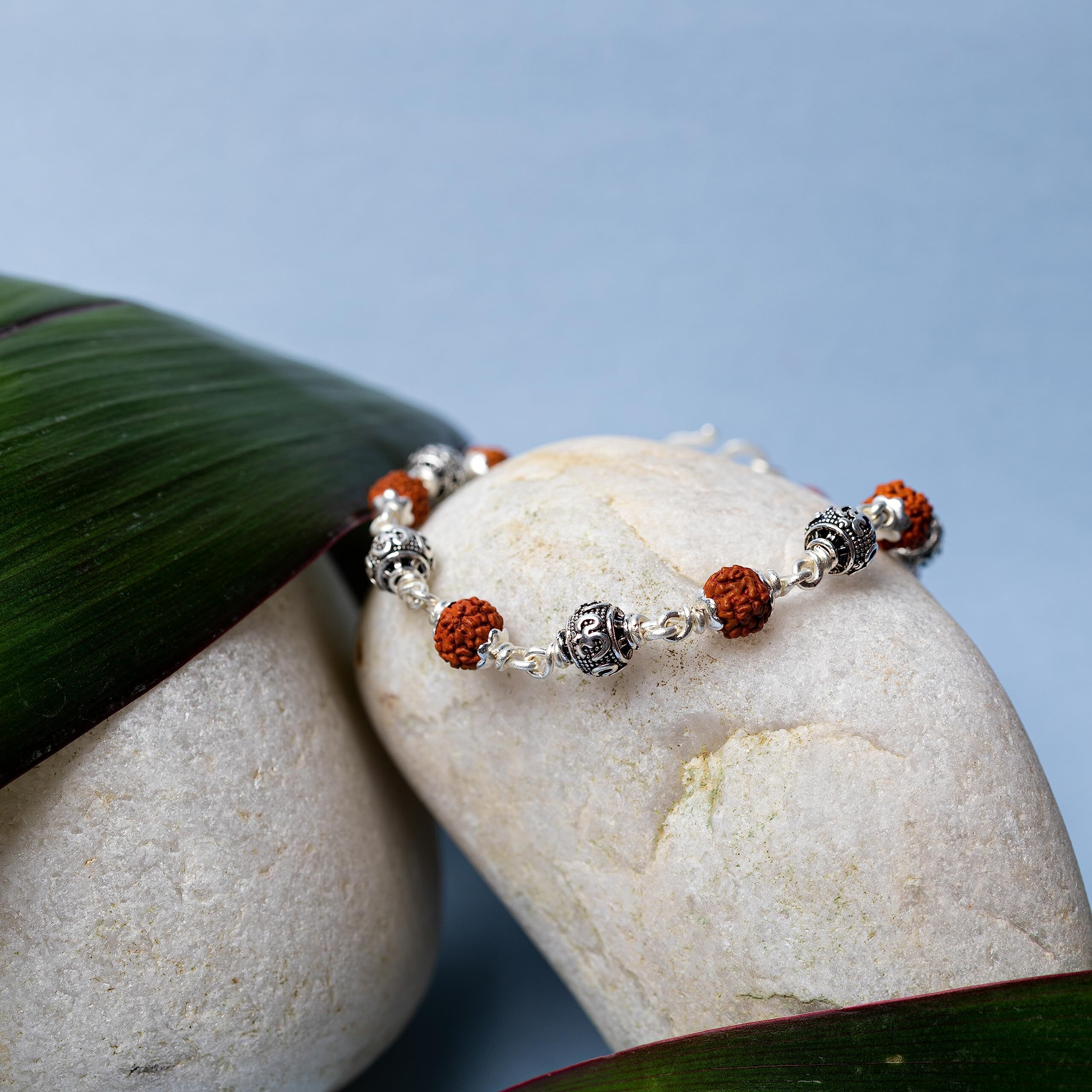 Hem Jewels Pure Silver Rudraksh Rakhi For Brother | Silver Bracelet For Boys And Men | Silver Bracelet Rakhi | Design Om Beads (Hj_Rkh55X2)