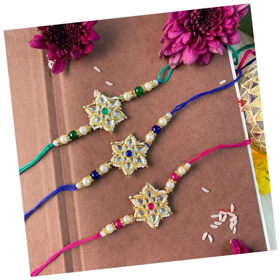 I Jewels Pearl & Kundan Bhaiya Rakhi With Roli Chawal For Brother/Bro/Men With Rakshabandhan Card (R116G-Q-Bl)(Pack Of 2)