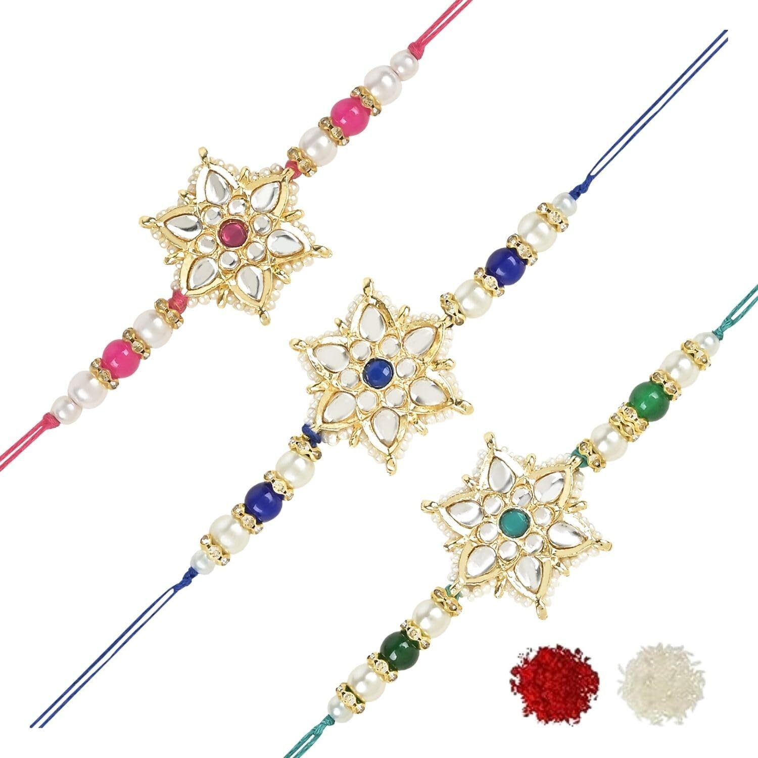 I Jewels Pearl & Kundan Bhaiya Rakhi With Roli Chawal For Brother/Bro/Men With Rakshabandhan Card (R116G-Q-Bl)(Pack Of 2)