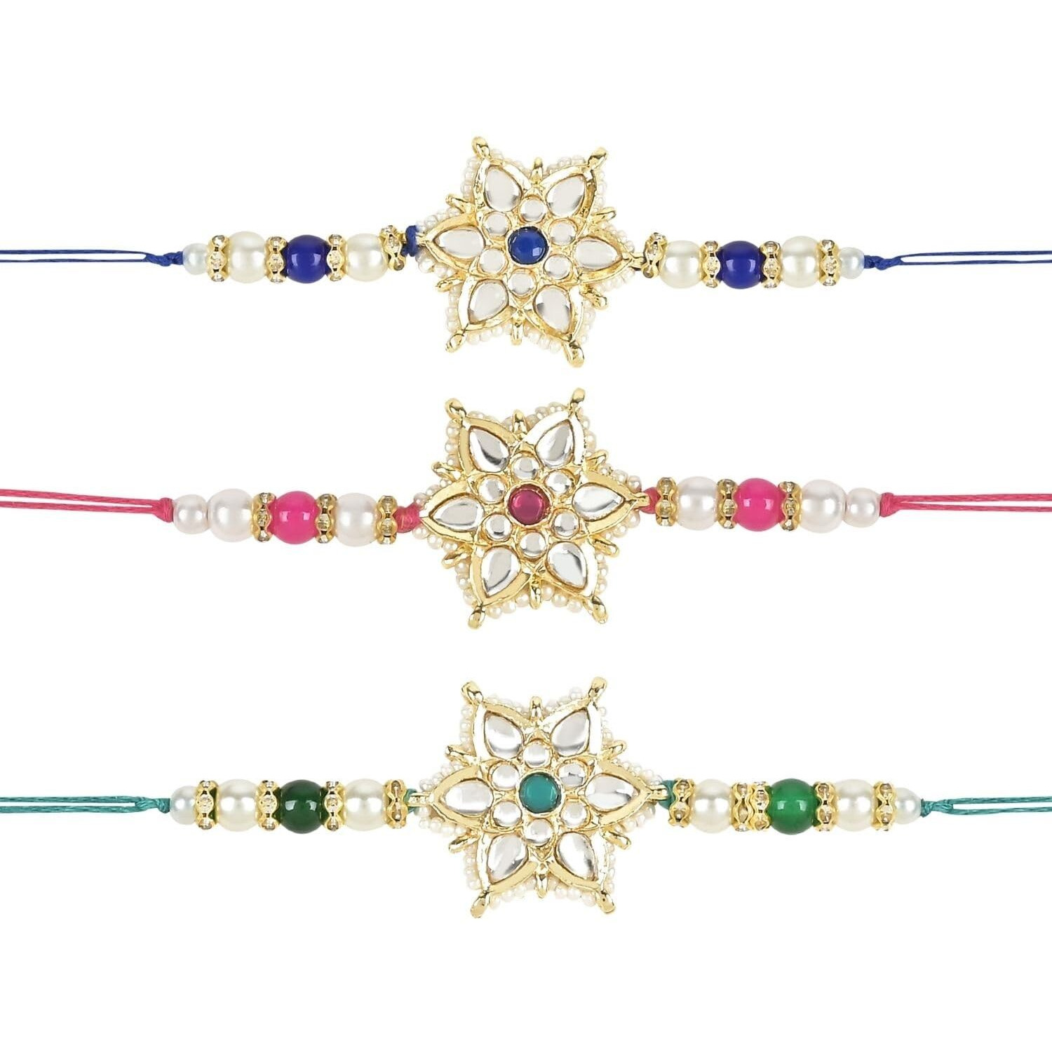 I Jewels Pearl & Kundan Bhaiya Rakhi With Roli Chawal For Brother/Bro/Men With Rakshabandhan Card (R116G-Q-Bl)(Pack Of 2)
