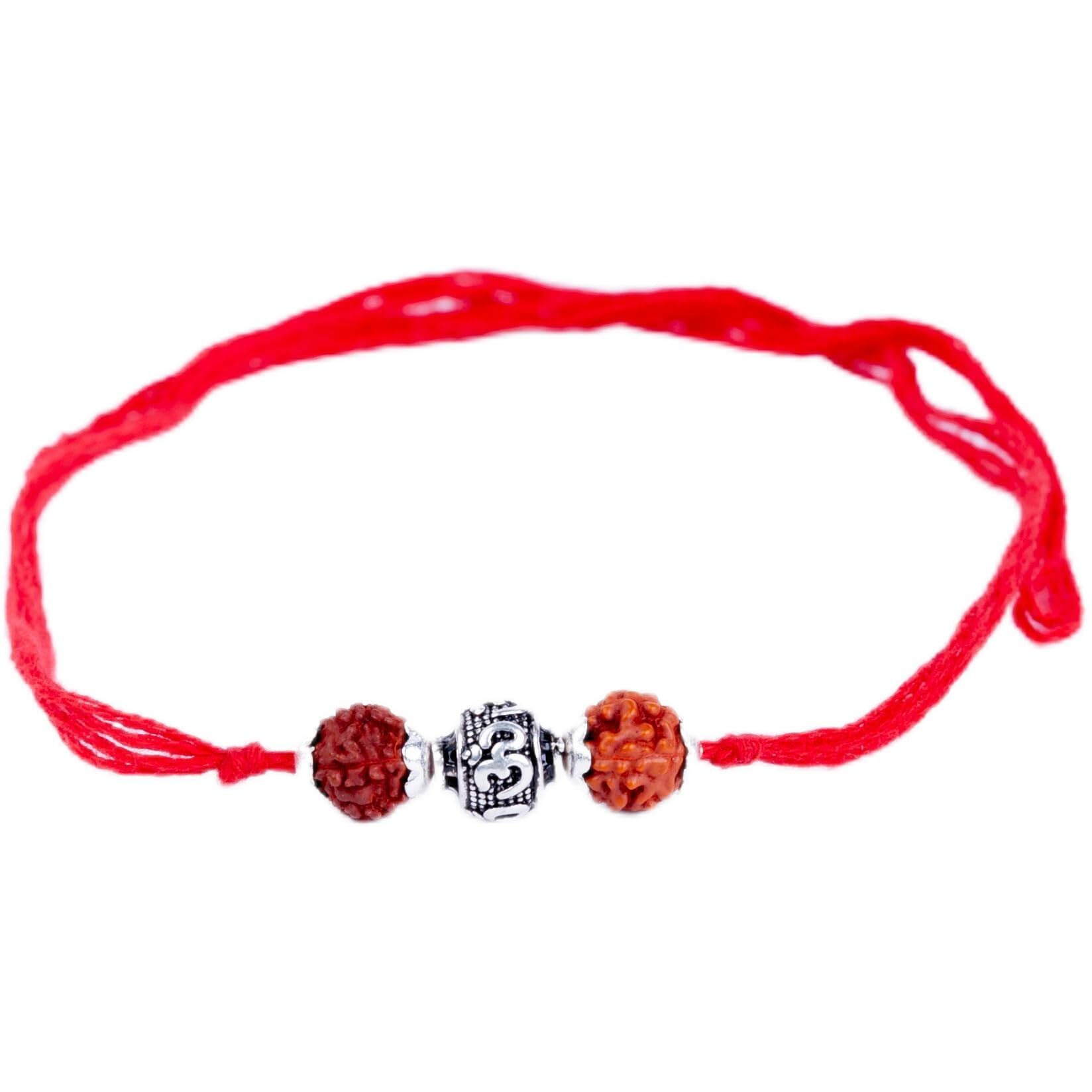 Hem Jewels 925 Pure Silver Rakhi For Brother With Cotton Thread And Original Rudraksha | Silver Thread Rakhi For Men | Free Size | Design Style - Spiritual Om Beads (Hrkh-D1)