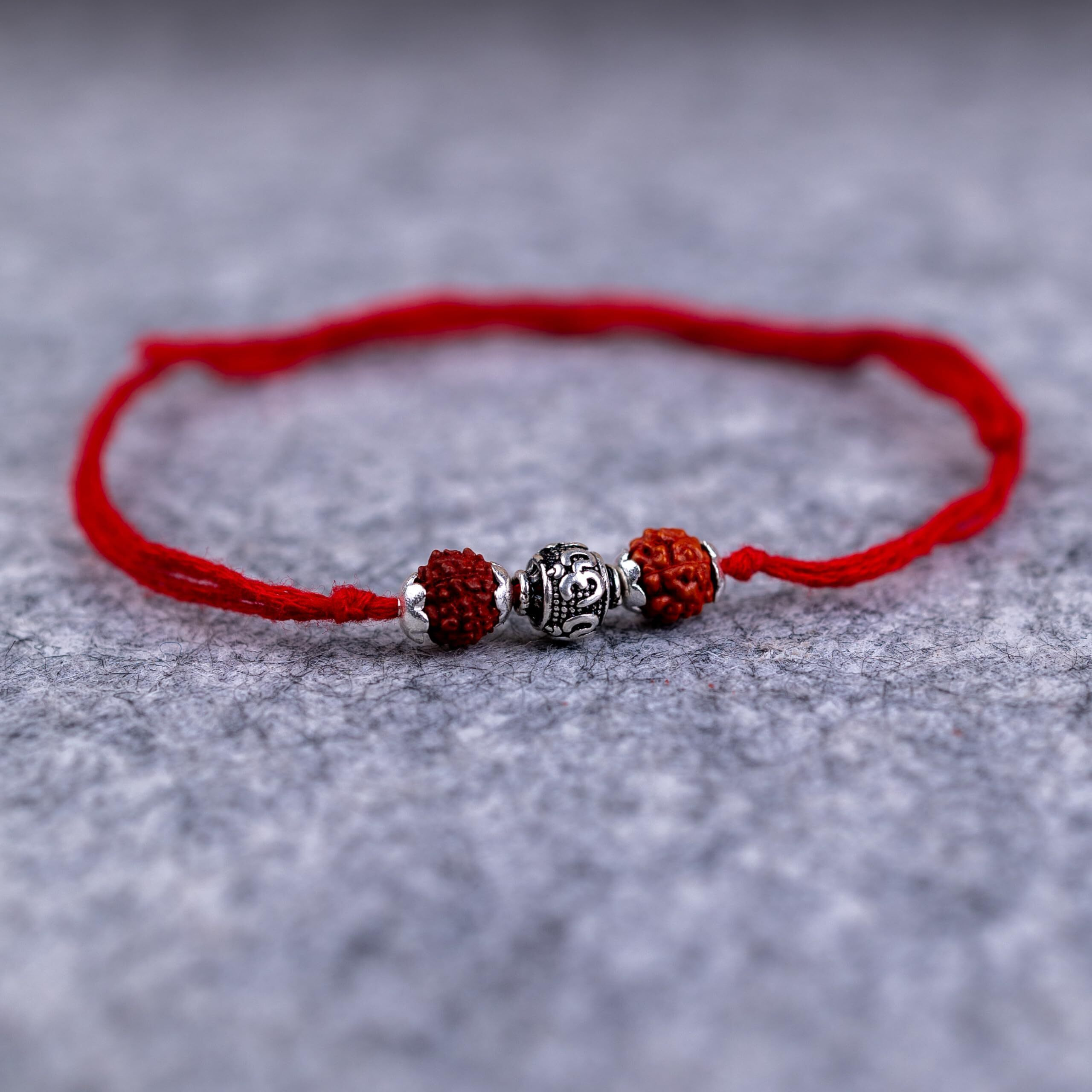 Hem Jewels 925 Pure Silver Rakhi For Brother With Cotton Thread And Original Rudraksha | Silver Thread Rakhi For Men | Free Size | Design Style - Spiritual Om Beads (Hrkh-D1)