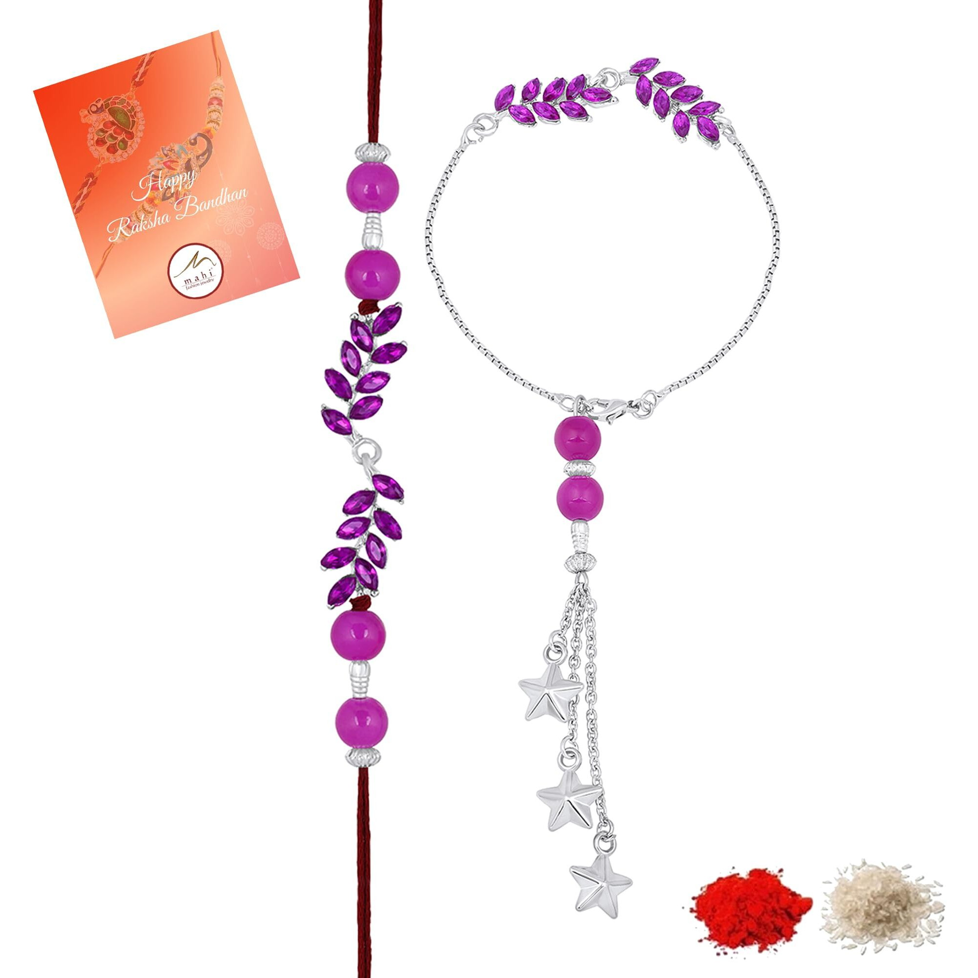 Mahi Leafy Shape Purple Crystals Lumba And Brother Rakhi Set For Bhaiya And Bhabhi (Rcol1105680Rpur)