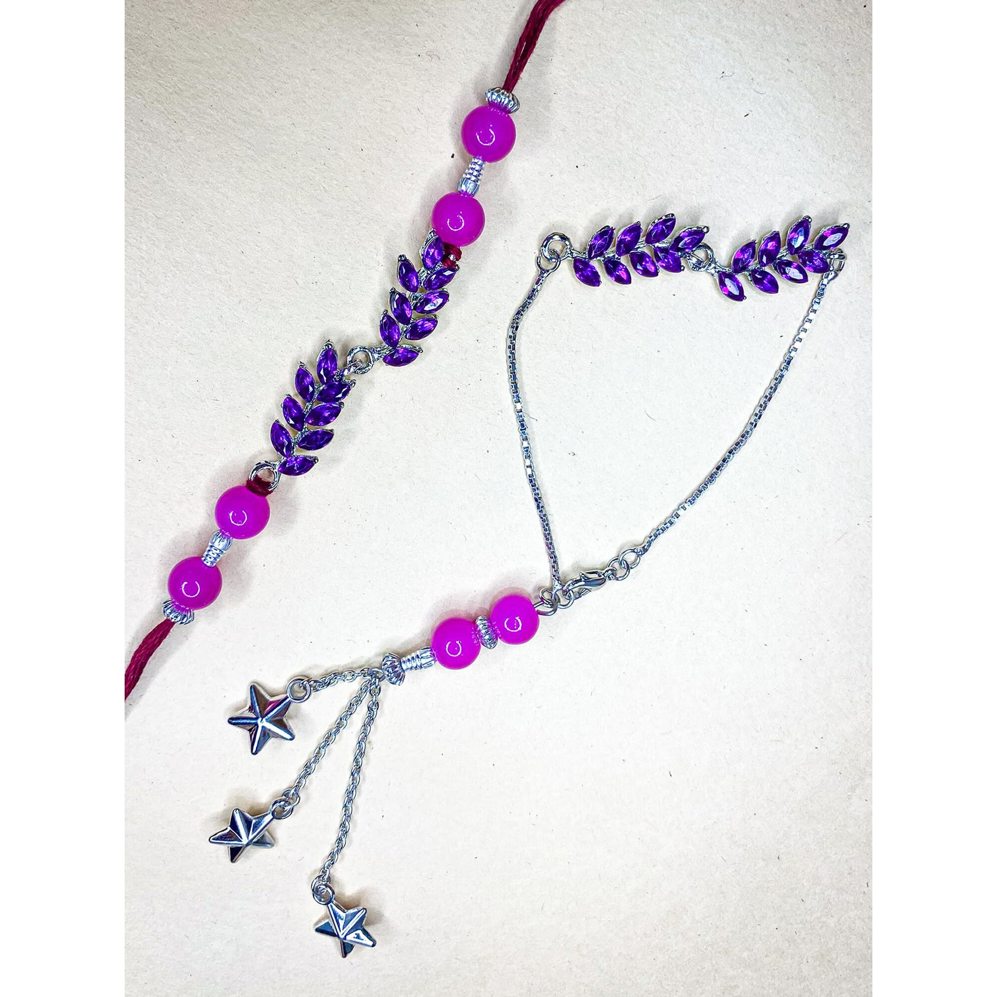 Mahi Leafy Shape Purple Crystals Lumba And Brother Rakhi Set For Bhaiya And Bhabhi (Rcol1105680Rpur)