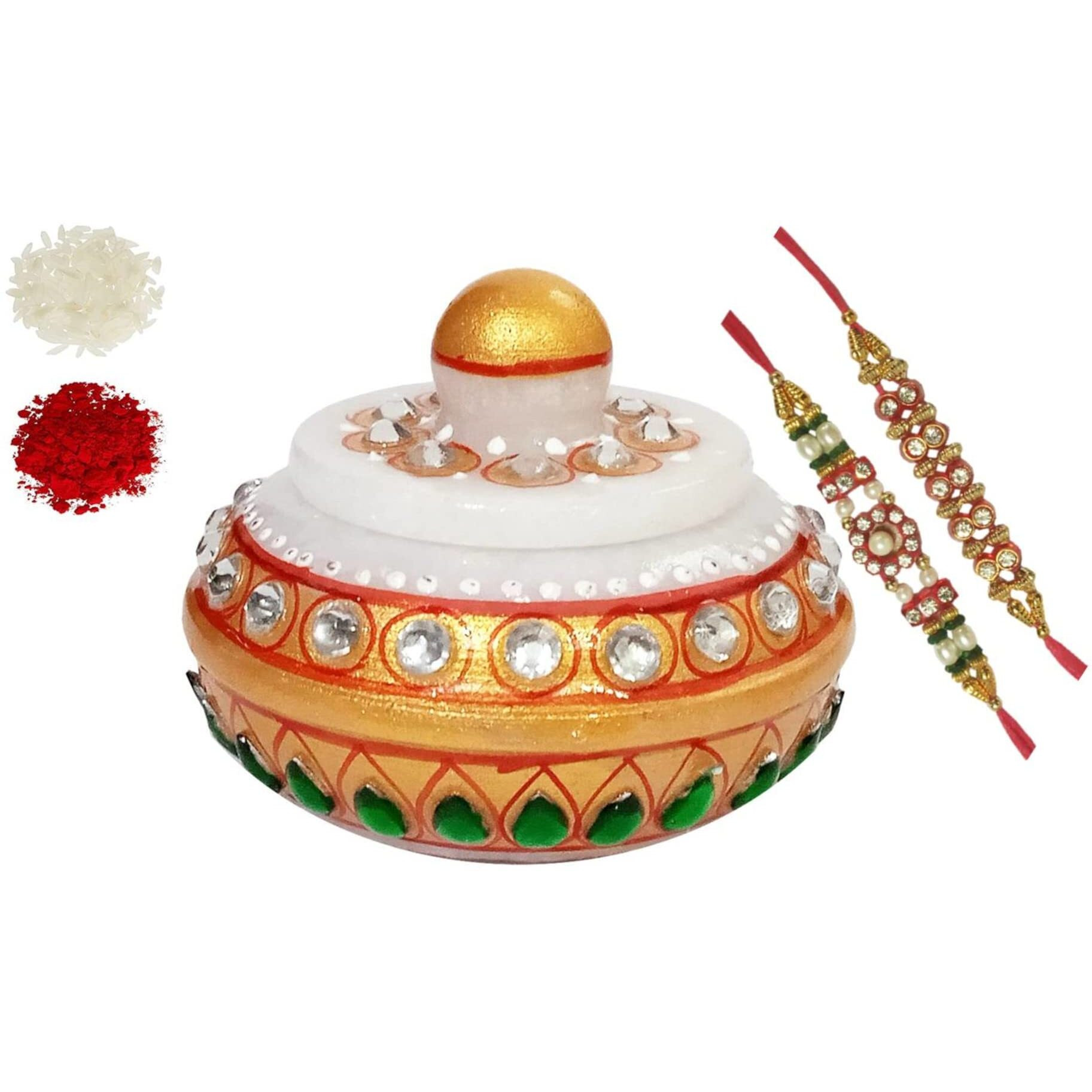 Purpledip Rakshabandhan Gift Hamper For Brother Marble Kumkum Sindoor Box, 2 Bhai Rakhi, Roli Chawal Tika (Rakhi4G)