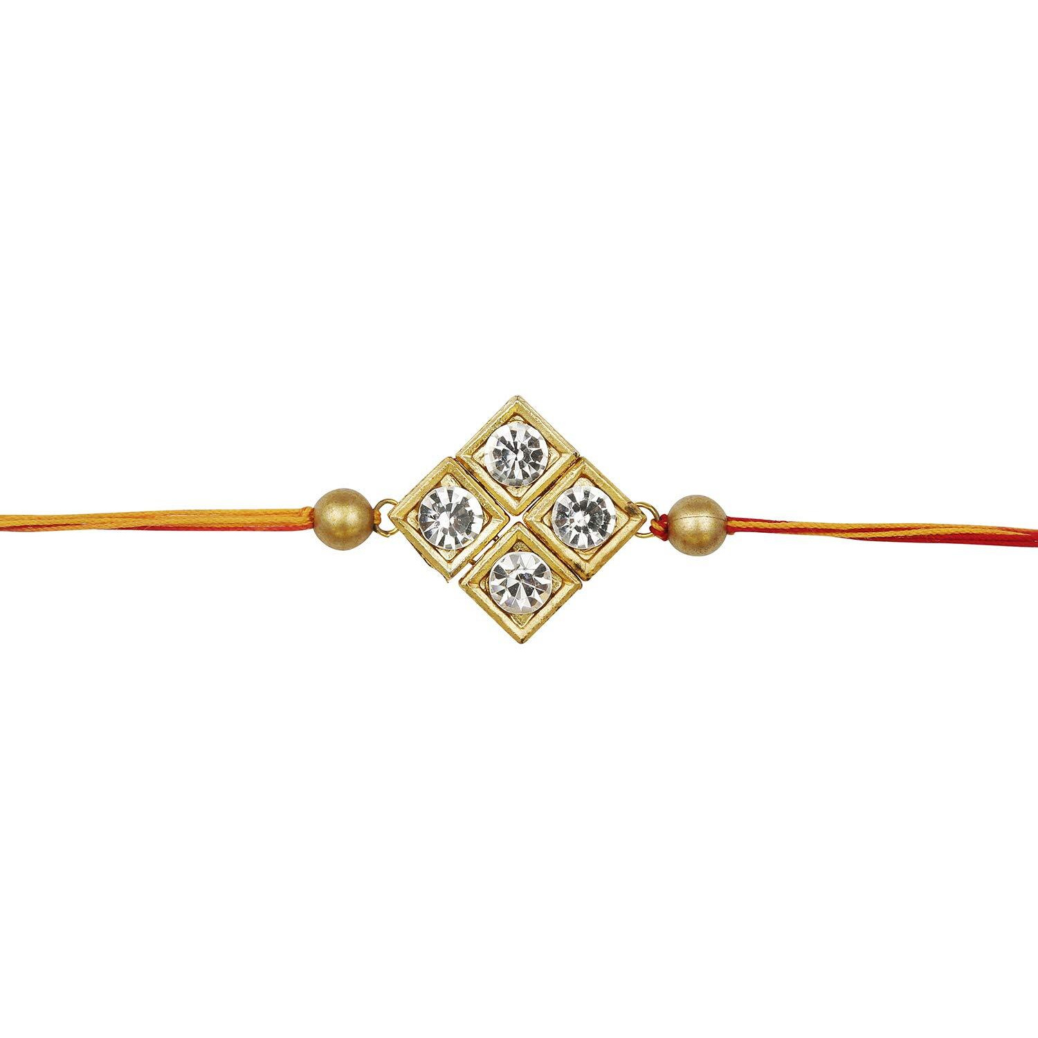 Accessher Mens Traditional Gold Plated Elegant And Stylish Rhinestones Rakhi For Brother Pack Of 1 With Roli Kumkum Packets And Happy Rakshabandhan Card