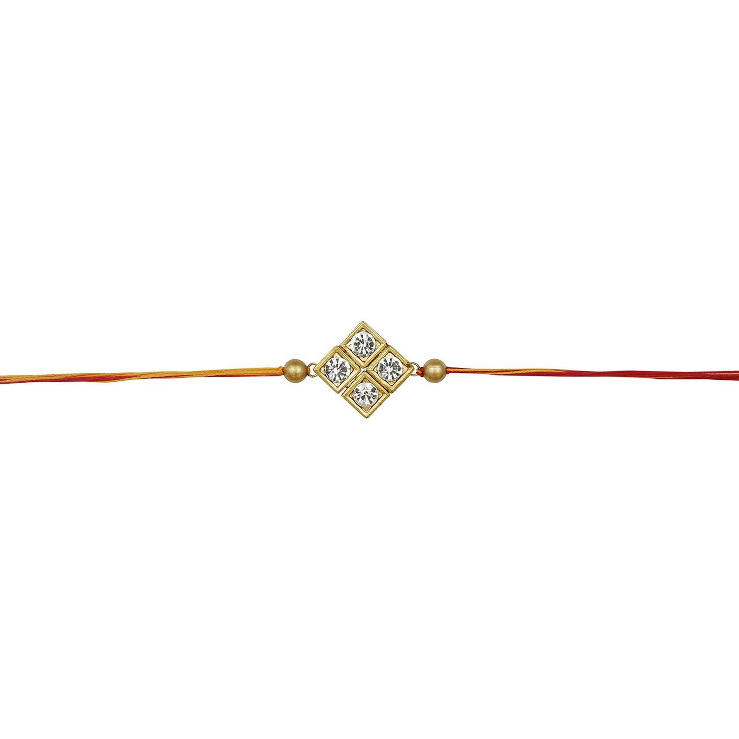 Accessher Mens Traditional Gold Plated Elegant And Stylish Rhinestones Rakhi For Brother Pack Of 1 With Roli Kumkum Packets And Happy Rakshabandhan Card