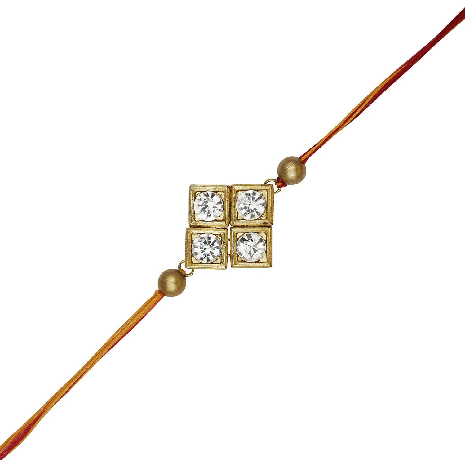 Accessher Mens Traditional Gold Plated Elegant And Stylish Rhinestones Rakhi For Brother Pack Of 1 With Roli Kumkum Packets And Happy Rakshabandhan Card