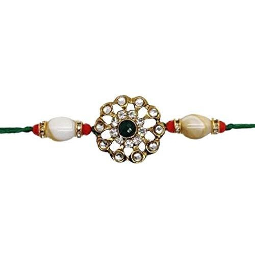 Fure Men's Metal Traditional Kundan Green Rakhi For Brother (Roli-Chawal Included)