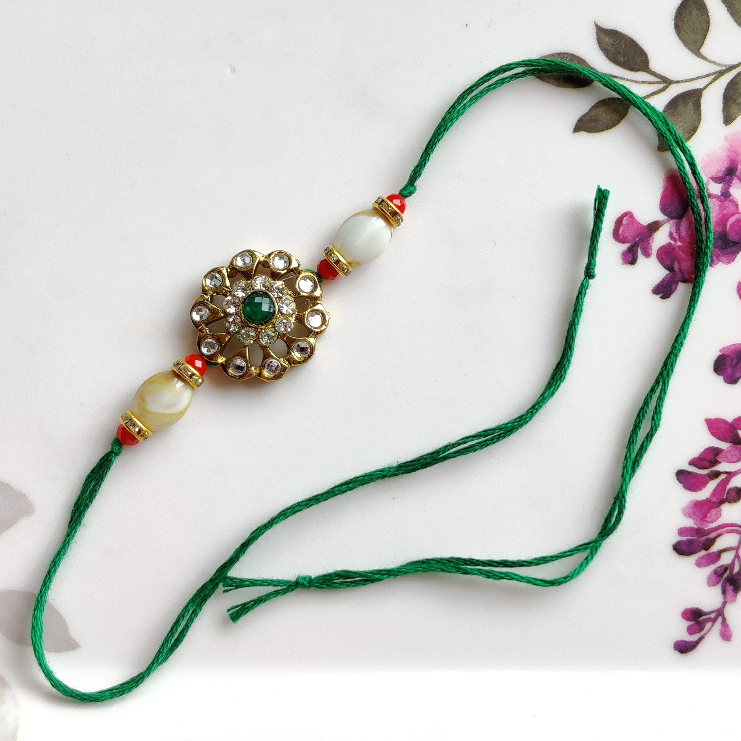 Fure Men's Metal Traditional Kundan Green Rakhi For Brother (Roli-Chawal Included)