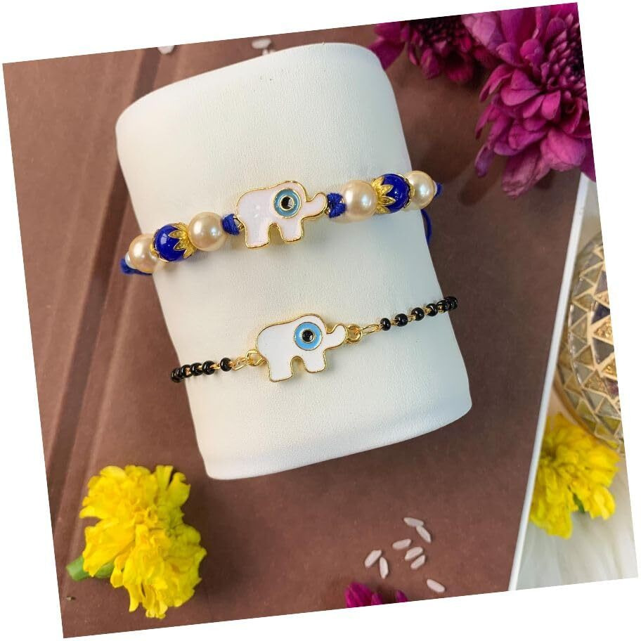 I Jewels Enamel Elephant Shape Evil Eye Bhaiya Bhabhi Mangalsutra Bracelet Rakhi Set With Roli Chawal & Rakshabandhan Card For Brother/Bro/Men (R132-Co)