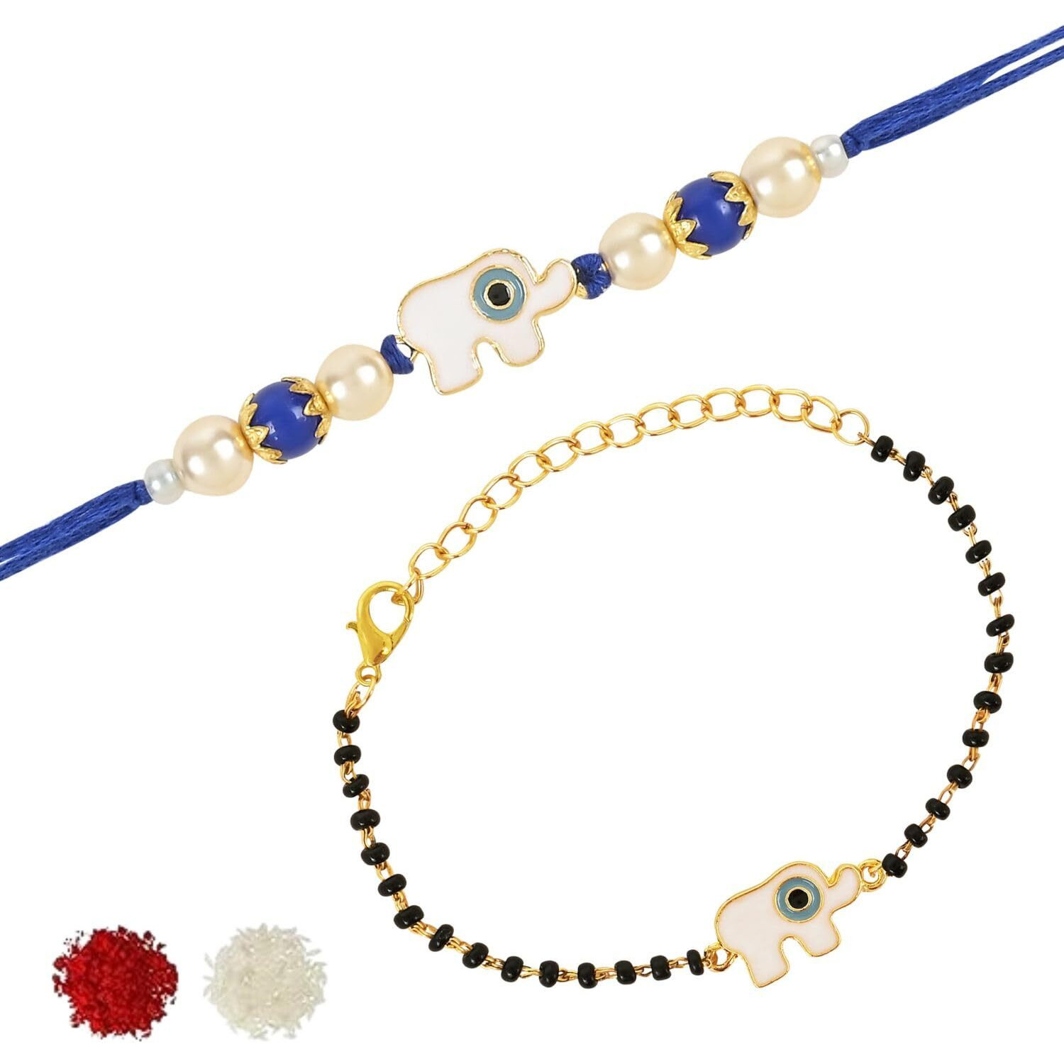 I Jewels Enamel Elephant Shape Evil Eye Bhaiya Bhabhi Mangalsutra Bracelet Rakhi Set With Roli Chawal & Rakshabandhan Card For Brother/Bro/Men (R132-Co)