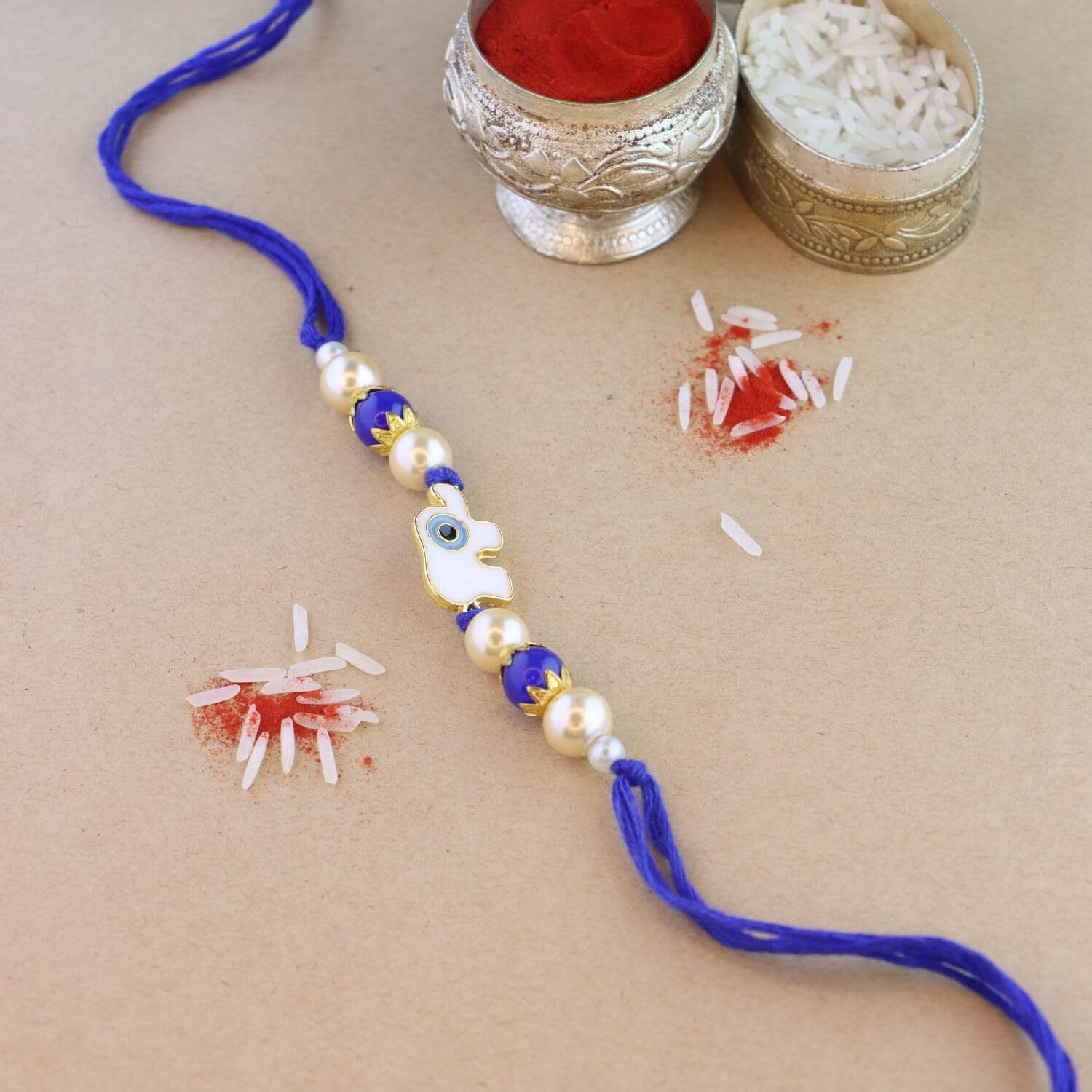 I Jewels Enamel Elephant Shape Evil Eye Bhaiya Bhabhi Mangalsutra Bracelet Rakhi Set With Roli Chawal & Rakshabandhan Card For Brother/Bro/Men (R132-Co)