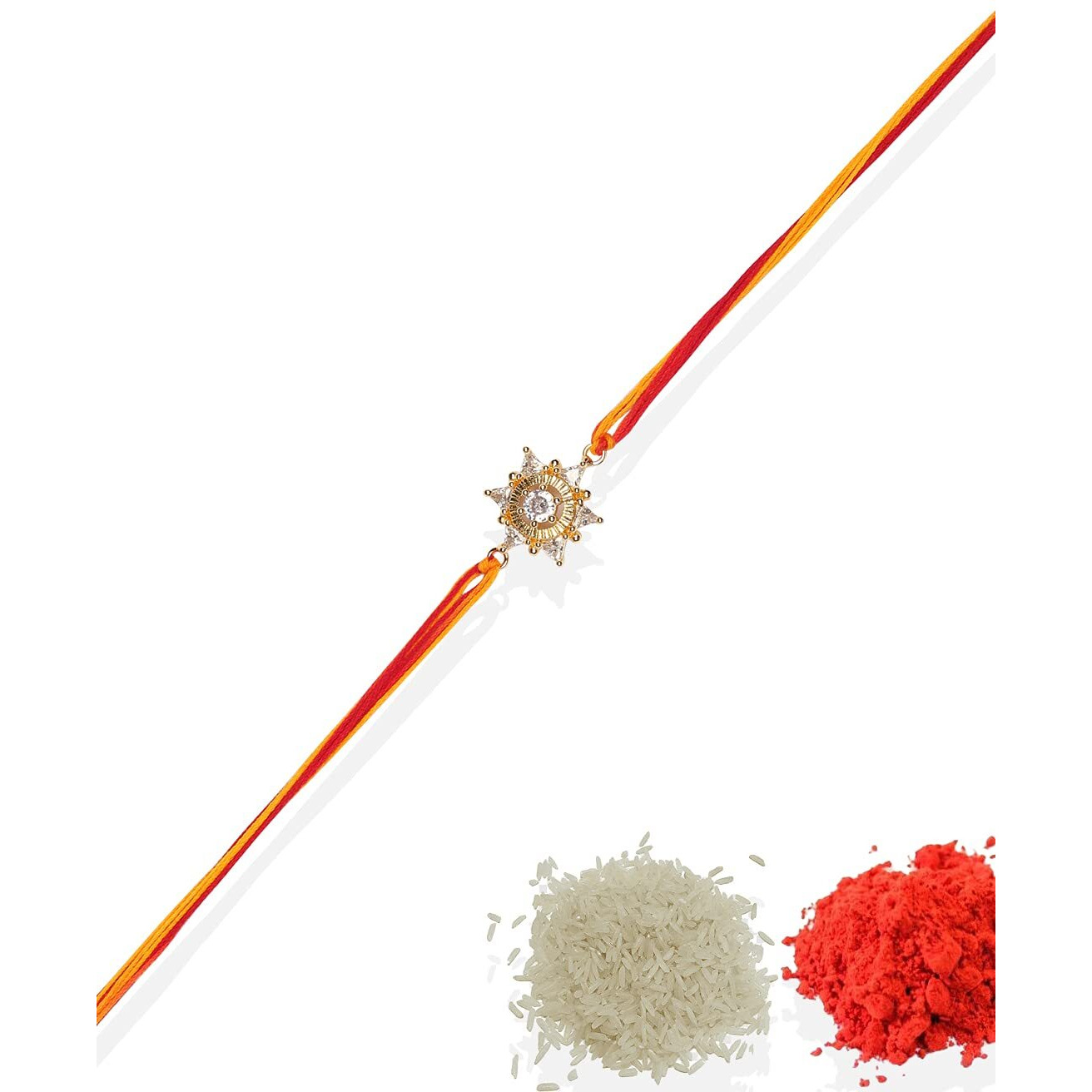 Accessher Mens Traditional Gold Plated Elegant And Stylish Rhinestones Rakhi For Beloved Brother Pack Of 1 With Roli Kumkum Packets And Happy Rakshabandhan Card