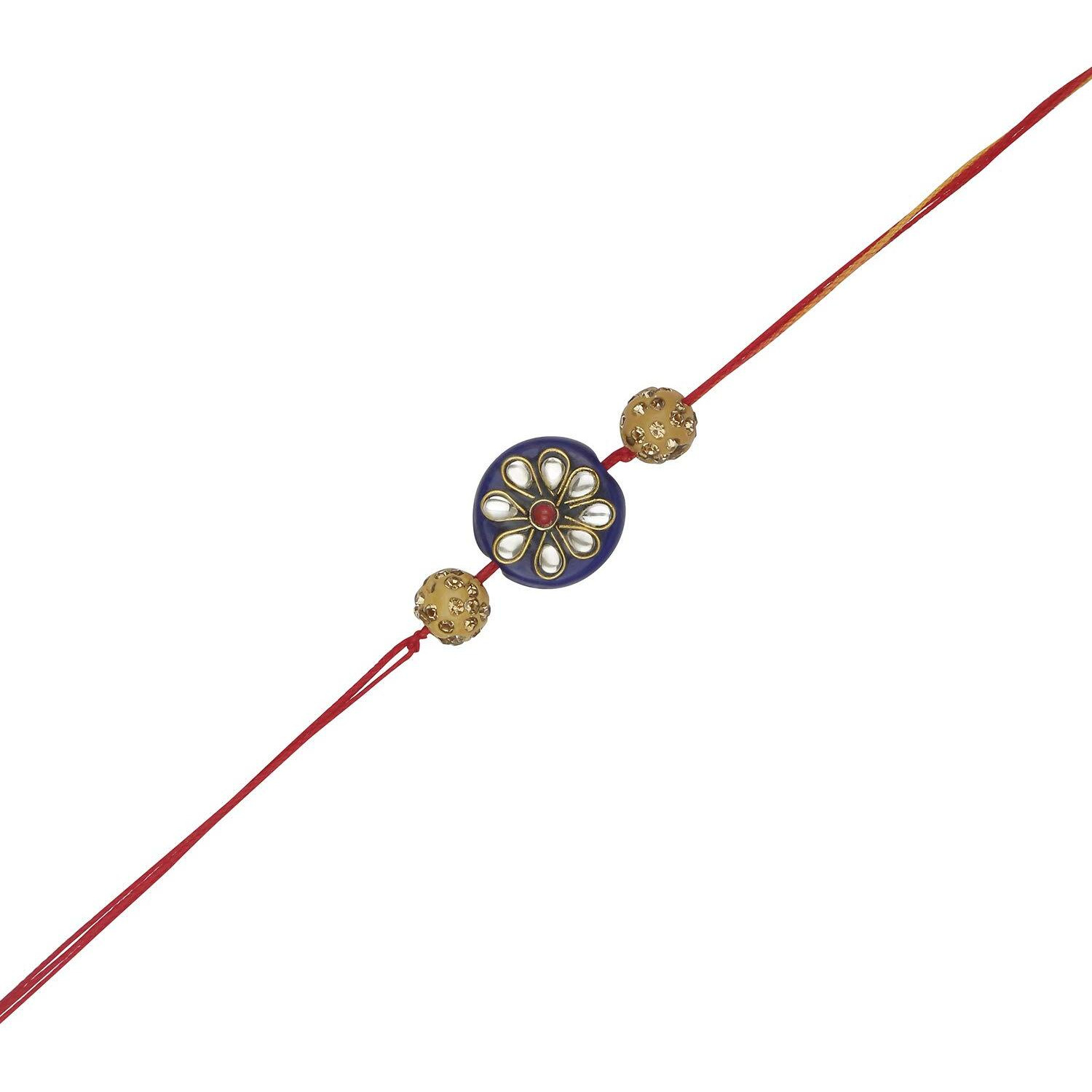 Accessher Mens Traditional Blue Enamel Rhinestone Kundan Rakhi For Brother Pack Of 1 With Roli Kumkum Packets And Happy Rakshabandhan Card || Latest Rakhi For Brother