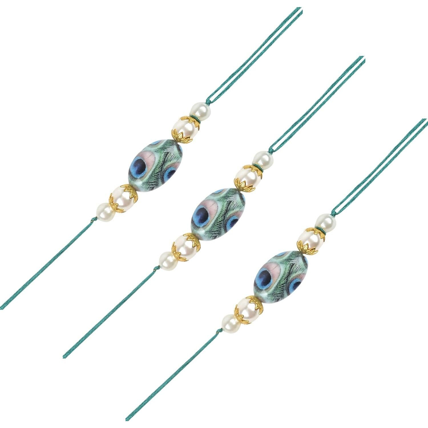 I Jewels Pearl & Peacock Feather Designer Bhaiya Rakhi With Roli Chawal For Brother/Bro/Men With Rakshabandhan Card (R103-3) (Pack Of 3)