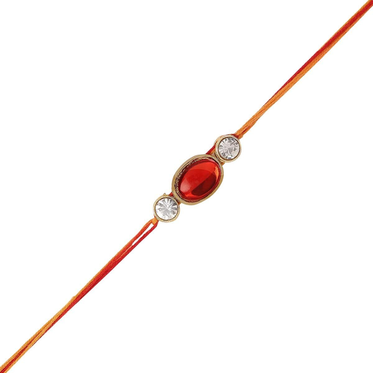 Accessher Traditional Ruby Beads Rakhi For Beloved Brother With Acrylic Peacock Pooja Thali Roli Kumkum Packets And Happy Rakshabandhan Card