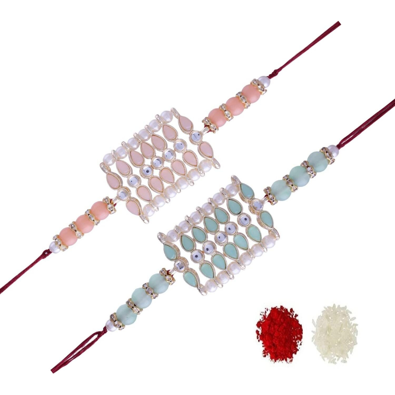 I Jewels Ethnic Pearl Beads Studded Rakhi Bracelet With Roli Chawal & Rakshabandhan Card For Brother/Men(R069Pe-Min) Pack Of 2 Rakhi