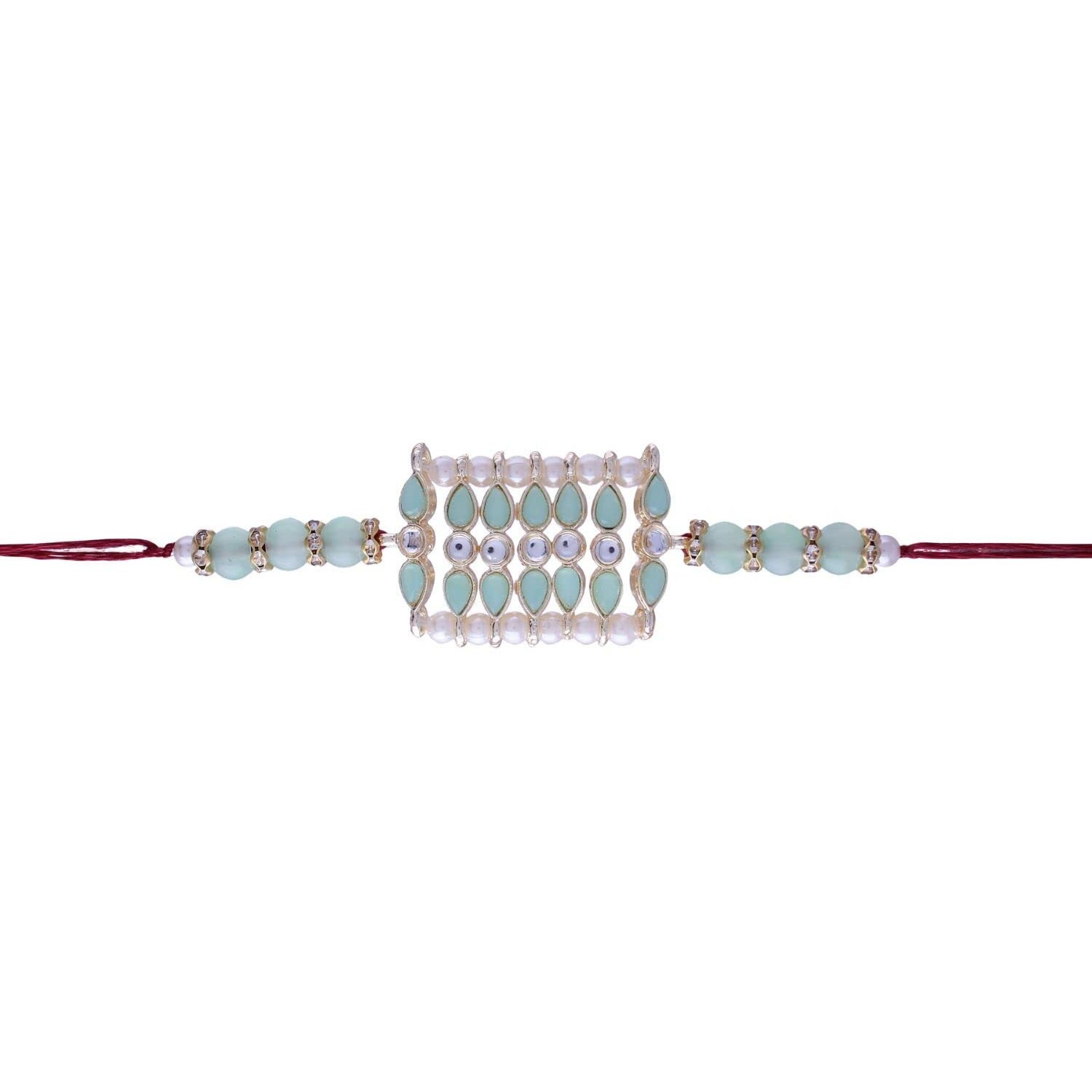 I Jewels Ethnic Pearl Beads Studded Rakhi Bracelet With Roli Chawal & Rakshabandhan Card For Brother/Men(R069Pe-Min) Pack Of 2 Rakhi