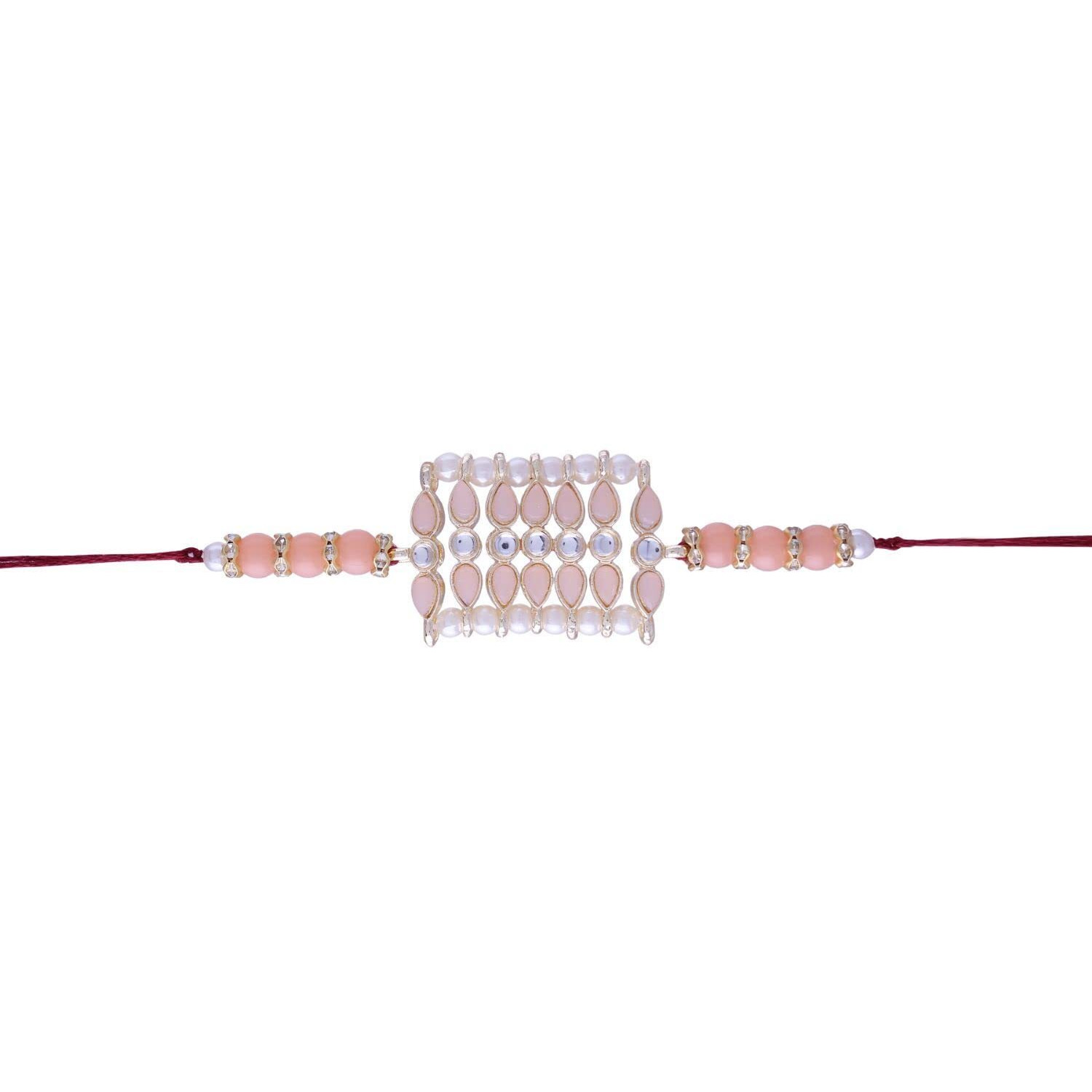 I Jewels Ethnic Pearl Beads Studded Rakhi Bracelet With Roli Chawal & Rakshabandhan Card For Brother/Men(R069Pe-Min) Pack Of 2 Rakhi