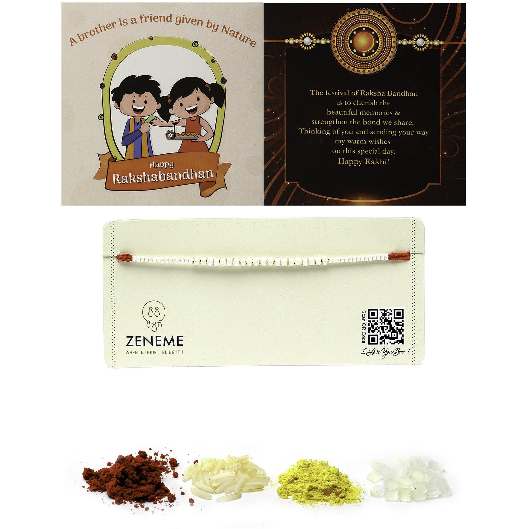 Zeneme Rakhi For Bhai White Pearl Stringed In Red Thread Rakhi For Bhaiya With Roli Chawal And Raksha Bandhan Greeting Card For Brother