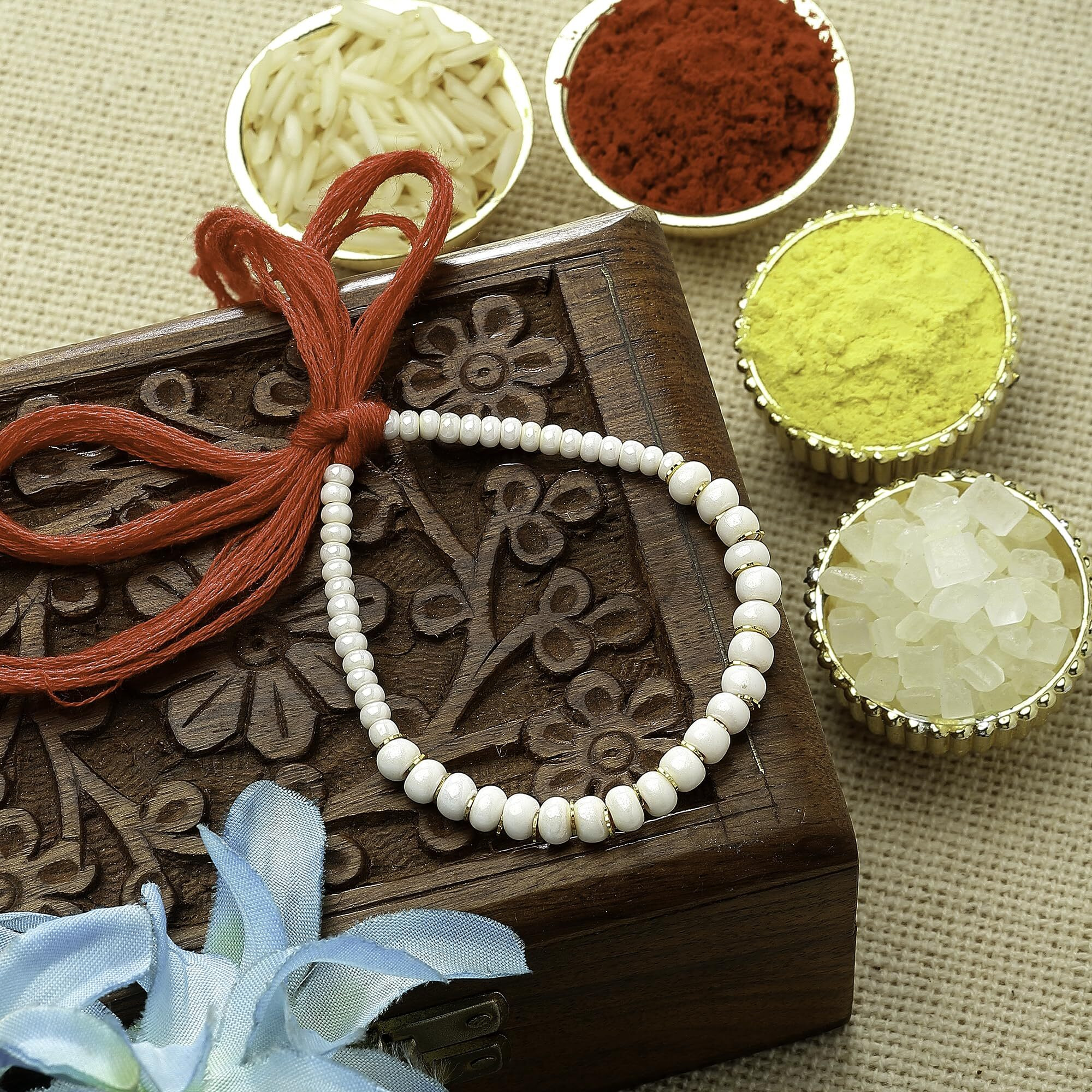 Zeneme Rakhi For Bhai White Pearl Stringed In Red Thread Rakhi For Bhaiya With Roli Chawal And Raksha Bandhan Greeting Card For Brother