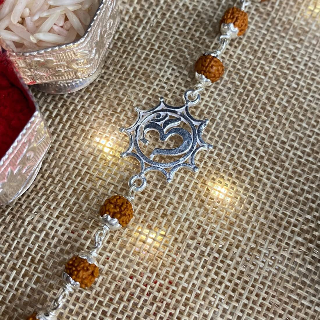 Hem Jewels Pure Silver Rudraksh Rakhi With Om Motif For Brother (Hj_Rkh39)