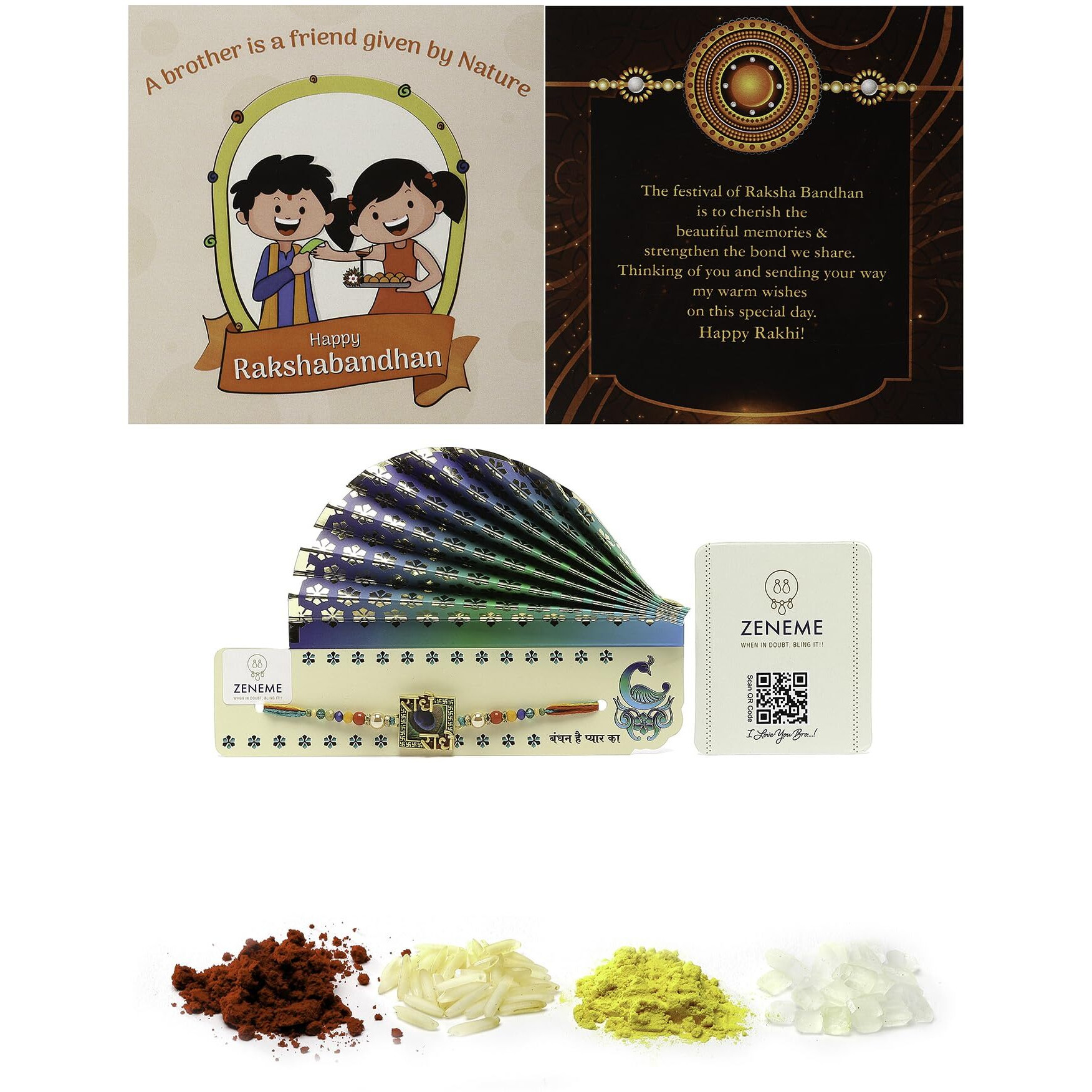 Zeneme Rakhi For Bhaiya Radhe Radhe Mor Pankh With Beads Stringed Rakhi For Bhai With Roli Chawal And Raksha Bandhan Greeting Card