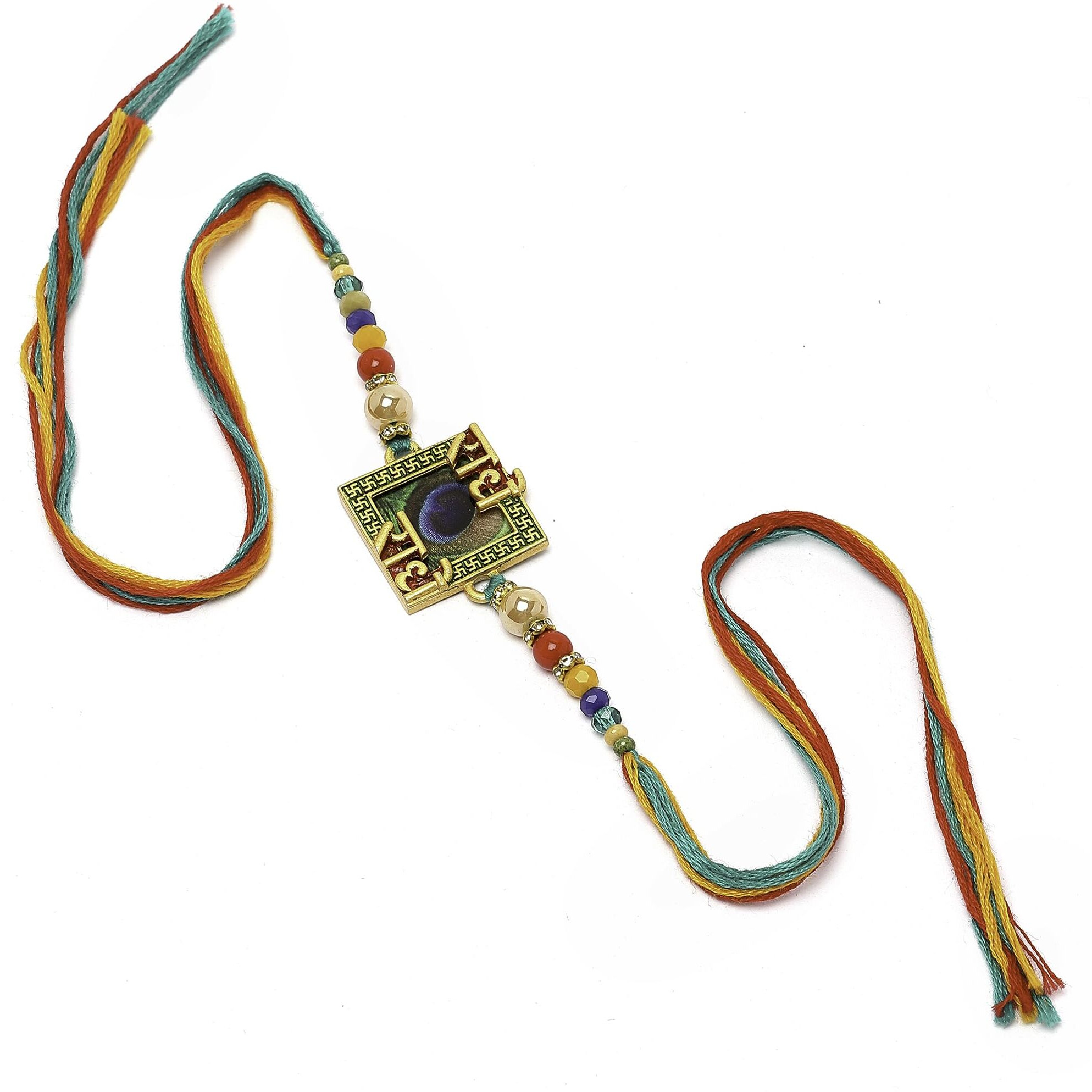 Zeneme Rakhi For Bhaiya Radhe Radhe Mor Pankh With Beads Stringed Rakhi For Bhai With Roli Chawal And Raksha Bandhan Greeting Card