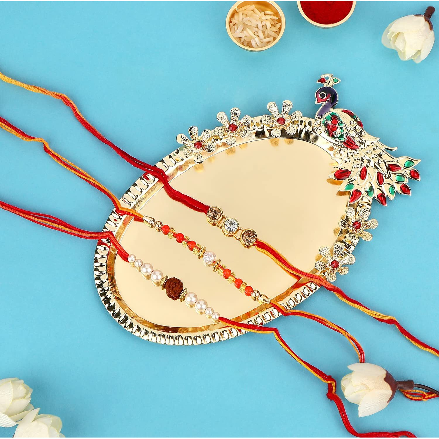 Accessher Traditional Gift Set Of 5 With Rudraksh & Beaded Rakhis Pack Of 3 For Brother With Peacock Pooja Thali, Roli Kumkum And Happy Rakshabandhan Card