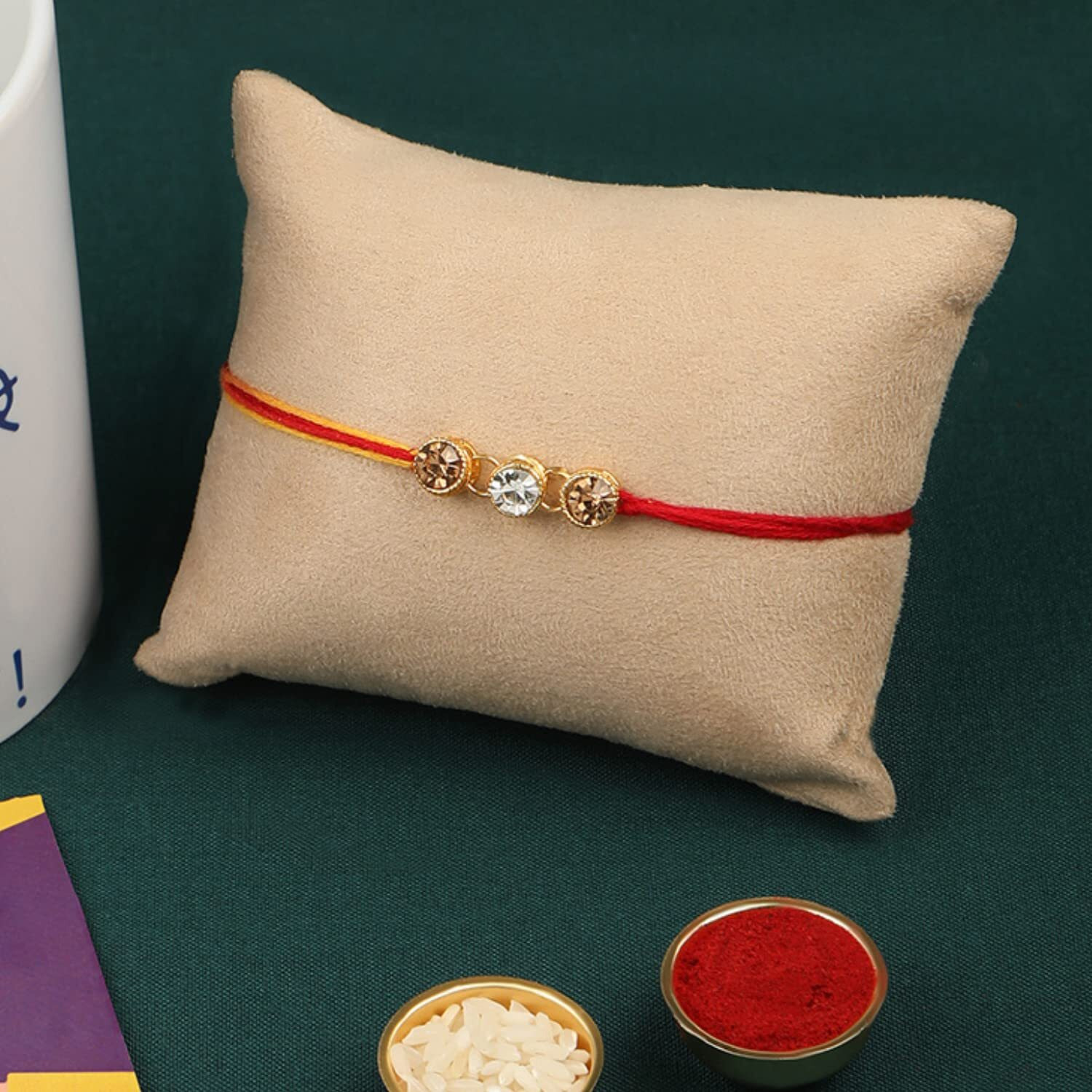 Accessher Traditional Gift Set Of 5 With Rudraksh & Beaded Rakhis Pack Of 3 For Brother With Peacock Pooja Thali, Roli Kumkum And Happy Rakshabandhan Card