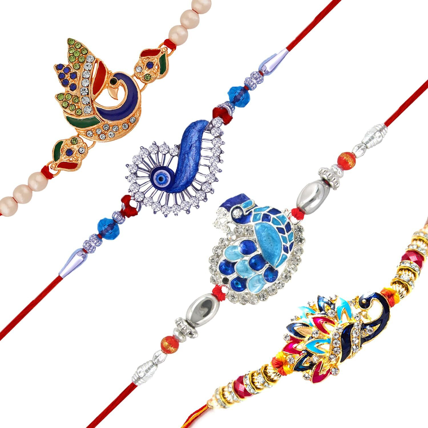 Mahi Combo Of Evil Eye And Peacock Shaped Meenakari Work Rakhis With Beads For Bhaiya (Rco1105562M)