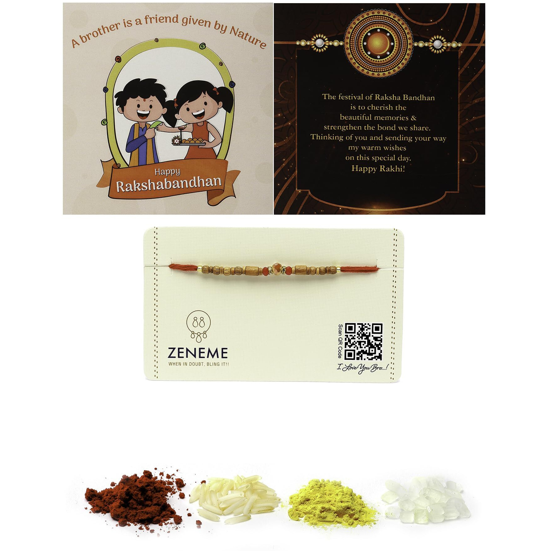 Zeneme Rakhi For Bhai Rakhi For Bhaiya Wooden & Red Beads Stringed In Thread Rakhi With Roli Chawal And Raksha Bandhan Greeting Card For Bhai Bhaiya