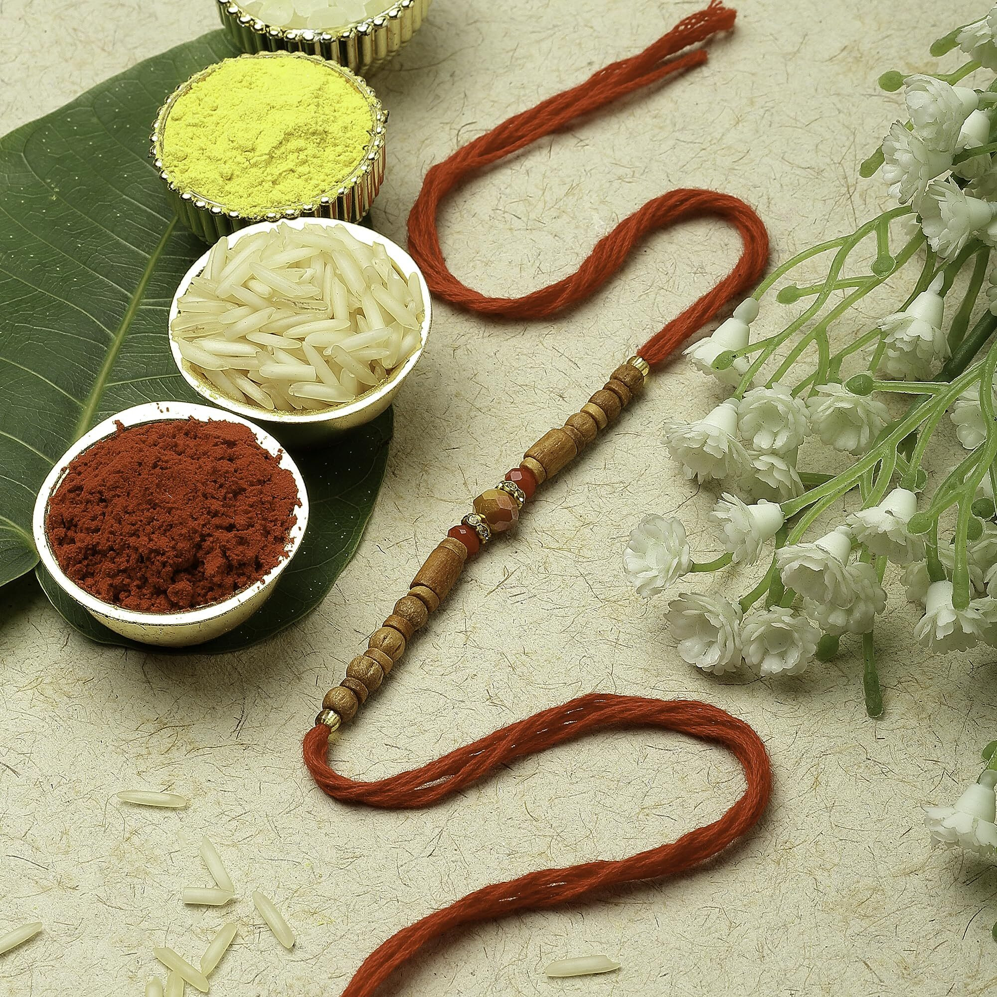 Zeneme Rakhi For Bhai Rakhi For Bhaiya Wooden & Red Beads Stringed In Thread Rakhi With Roli Chawal And Raksha Bandhan Greeting Card For Bhai Bhaiya