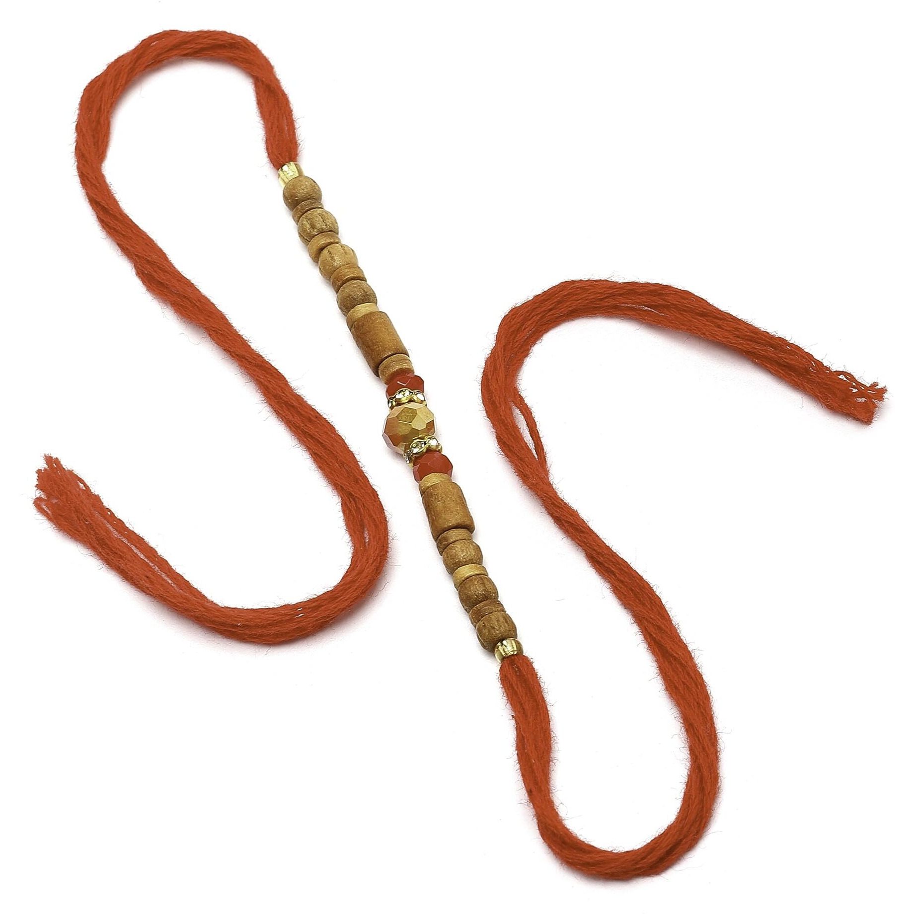 Zeneme Rakhi For Bhai Rakhi For Bhaiya Wooden & Red Beads Stringed In Thread Rakhi With Roli Chawal And Raksha Bandhan Greeting Card For Bhai Bhaiya