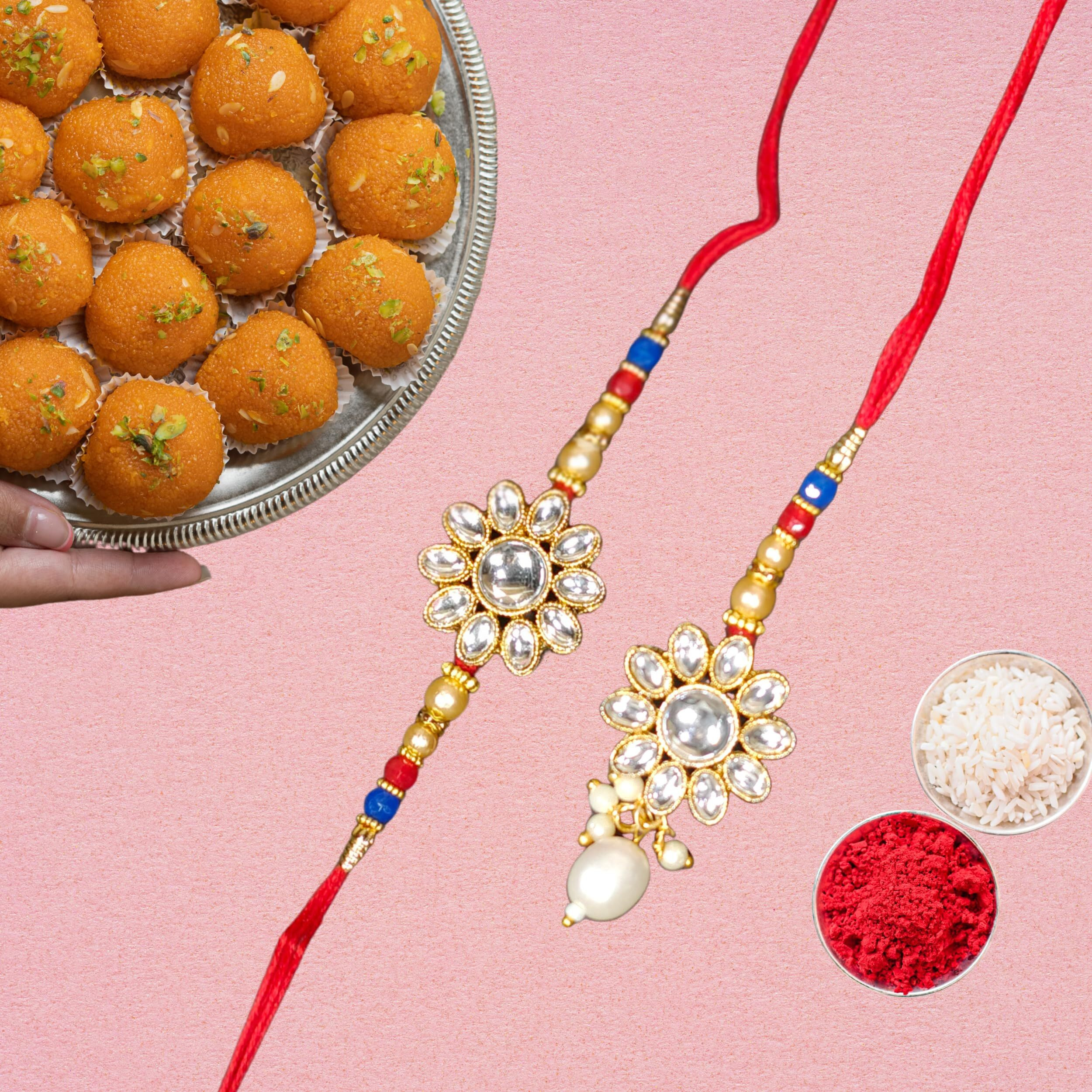 Shagun Bhaiya Bhabhi Stone Rakhi Lumba Combo Set | Designer Adult Couple Pair Rakshabandhan For Bhai Sister | Set Of 2 With Roli Chawal & Greeting Card