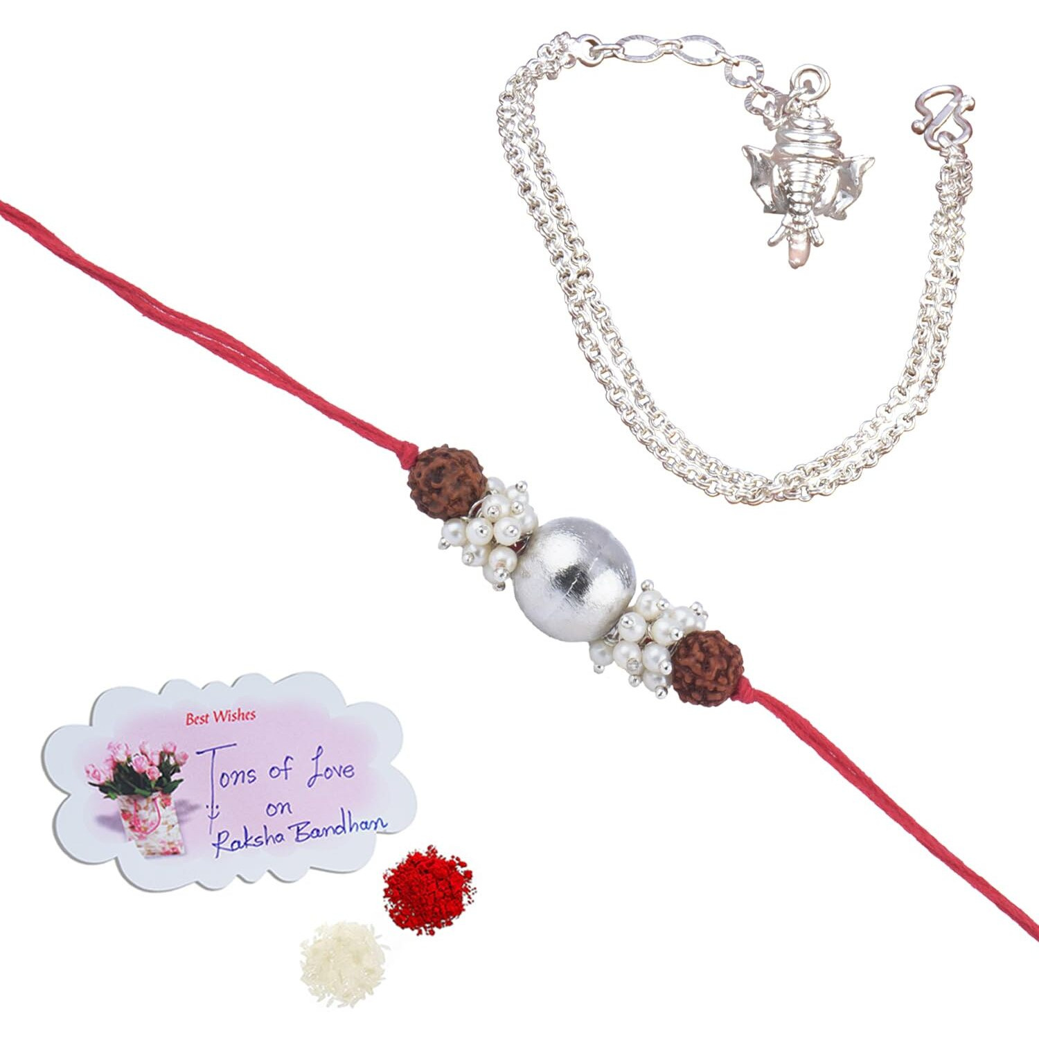Jfl-Jewelleryforless Handmade Rakhi Combo Couple Pair Silver Bead With Rudraksh And Ganesha Charm Unisex Bracelet Silver Plated Set For Bhaiya Bhabhi With Roli Chawal And Written Greeting Note