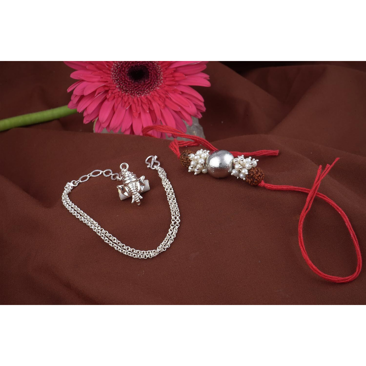 Jfl-Jewelleryforless Handmade Rakhi Combo Couple Pair Silver Bead With Rudraksh And Ganesha Charm Unisex Bracelet Silver Plated Set For Bhaiya Bhabhi With Roli Chawal And Written Greeting Note