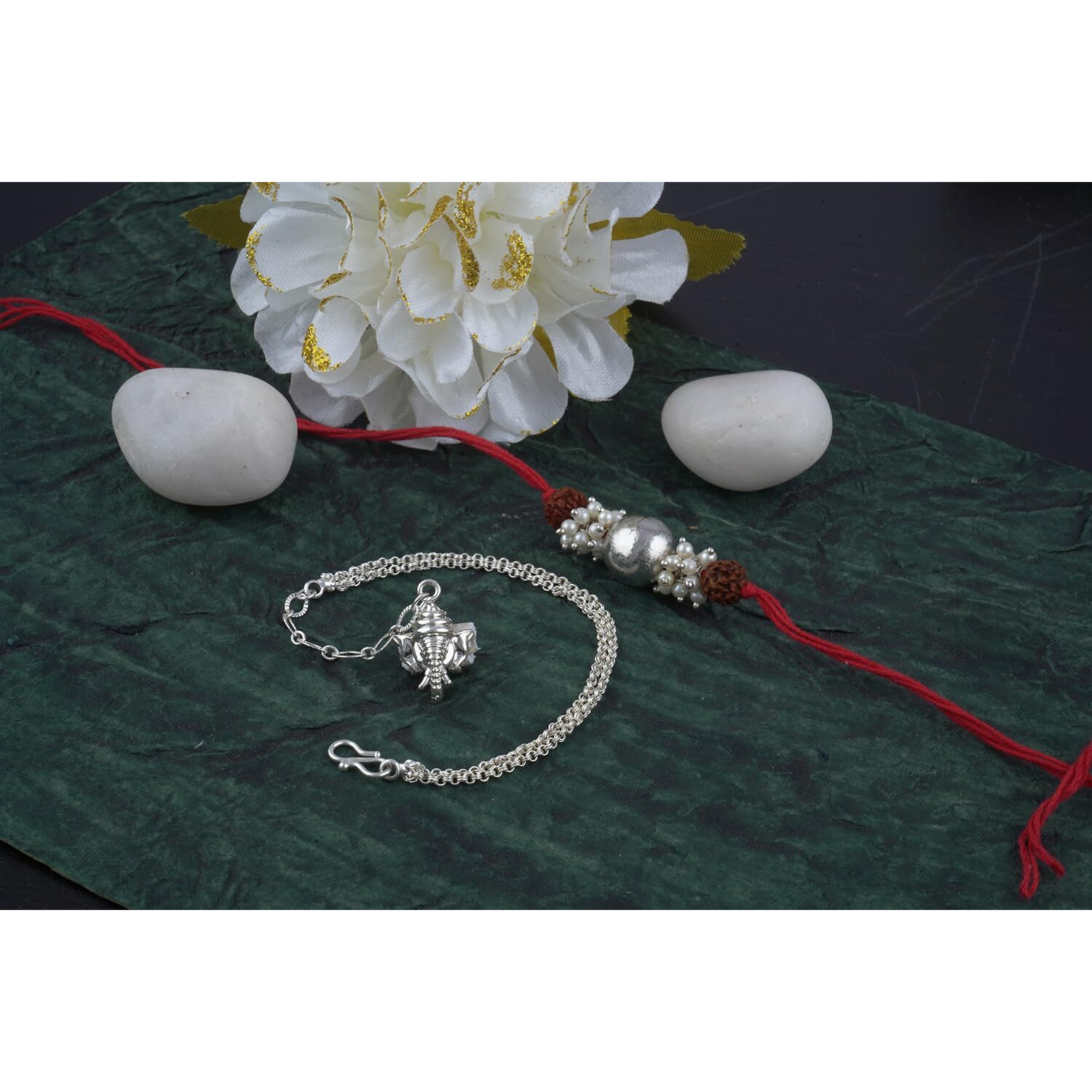 Jfl-Jewelleryforless Handmade Rakhi Combo Couple Pair Silver Bead With Rudraksh And Ganesha Charm Unisex Bracelet Silver Plated Set For Bhaiya Bhabhi With Roli Chawal And Written Greeting Note