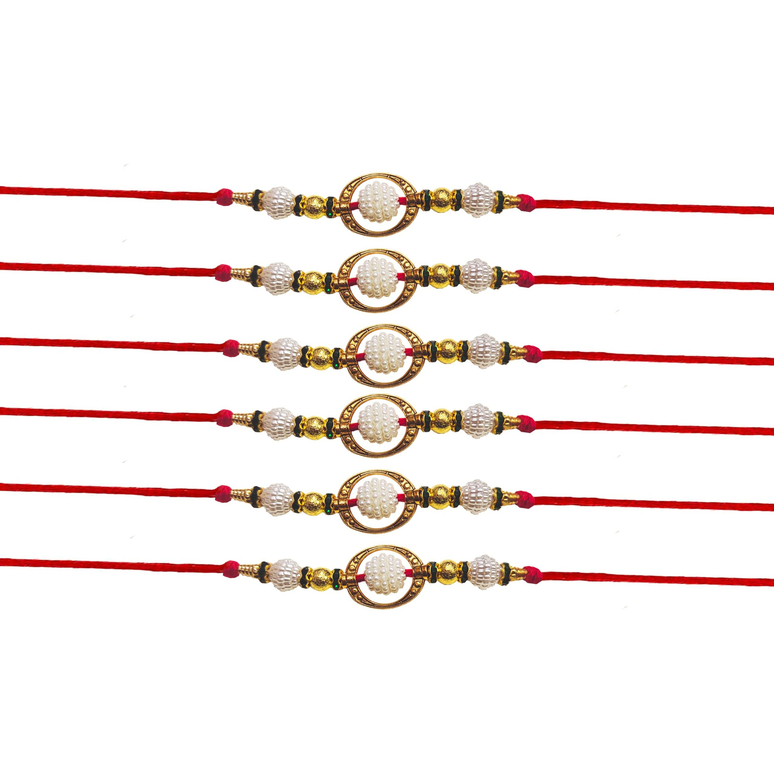 Untouched Set Of 6 Traditional Handmade Rudraksh With Pearl Designer Rakhi For Bhaiya Perfect Rakhi For Brothers On Rakshabandhan Celebration (Round)
