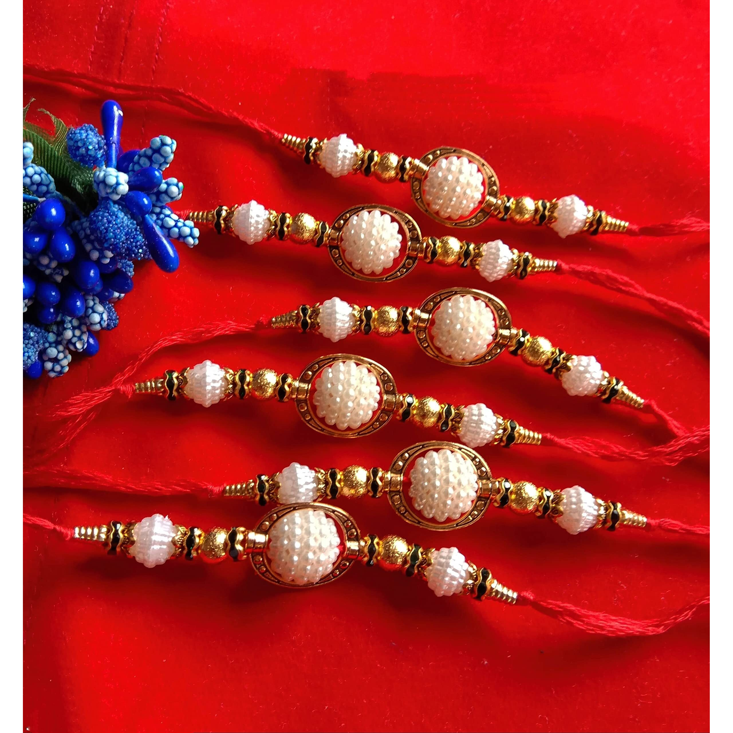 Untouched Set Of 6 Traditional Handmade Rudraksh With Pearl Designer Rakhi For Bhaiya Perfect Rakhi For Brothers On Rakshabandhan Celebration (Round)